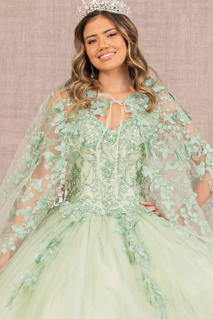 Butterfly Appliques  Long Mesh Cape Ball Gown By Elizabeth K GL 3104