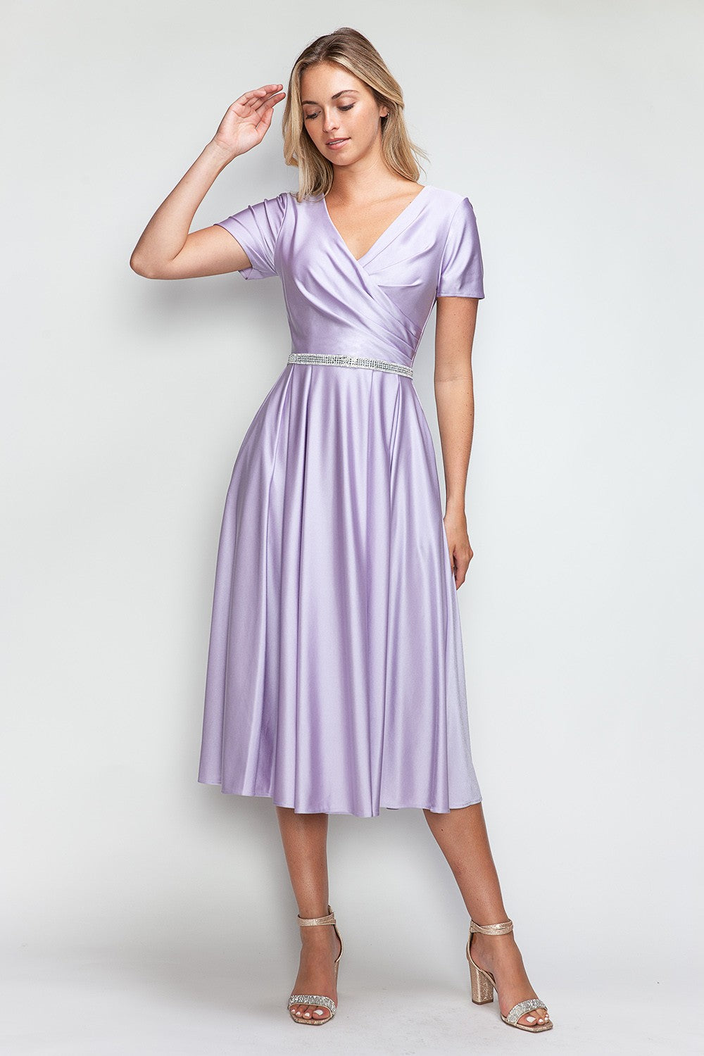 Short Sleeve Pocketed Tea-Length Dress by Lenovia 5274