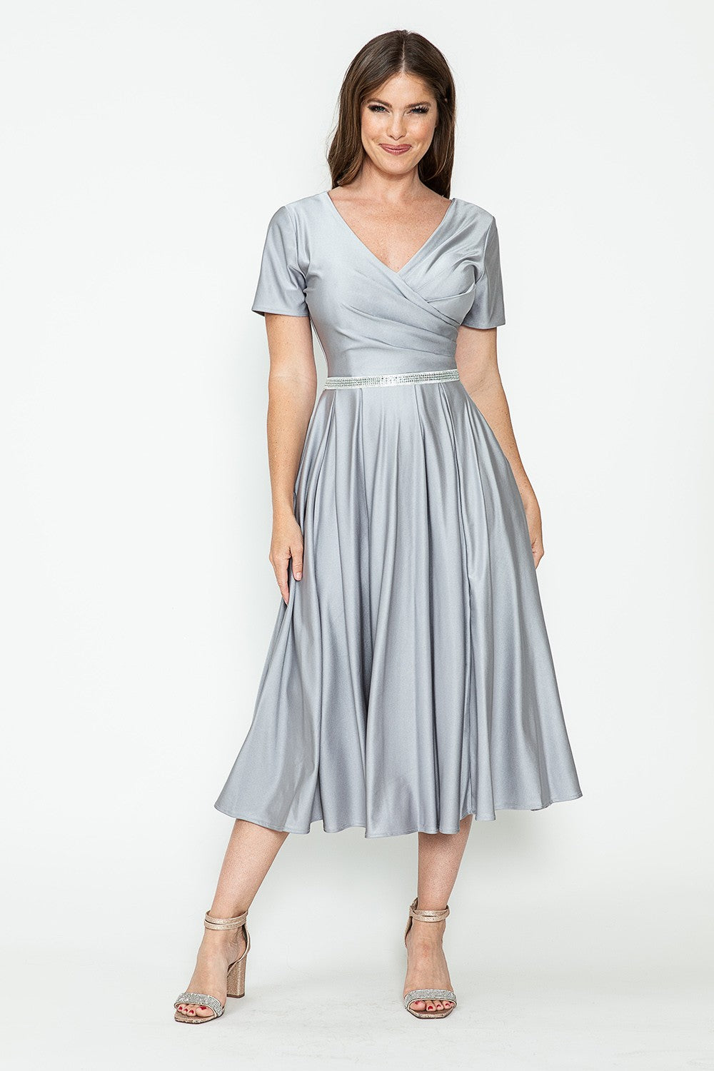 Short Sleeve Pocketed Tea-Length Dress by Lenovia 5274