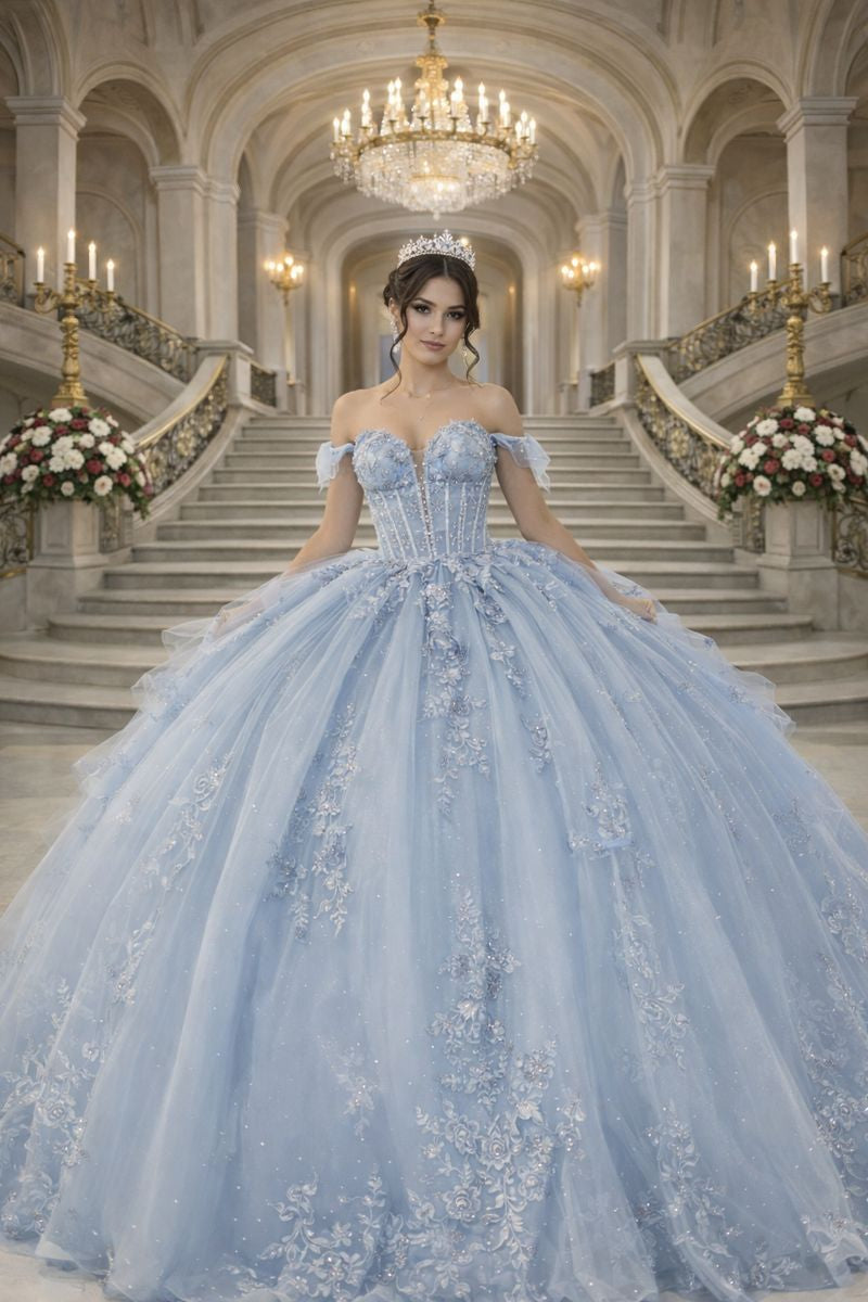 Off-Shoulder Floral Sleeve Quinceanera Ball Gown by Queen Collection 5000382