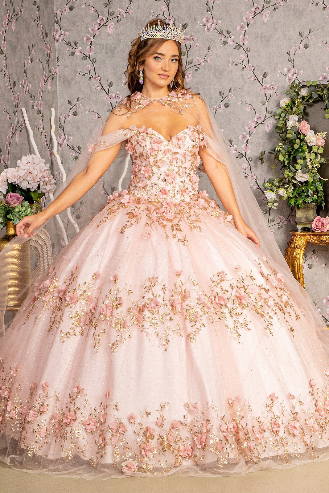 3-D Flower Applique Mesh Quinceanera Gowns By Elizabeth K /GL 3179