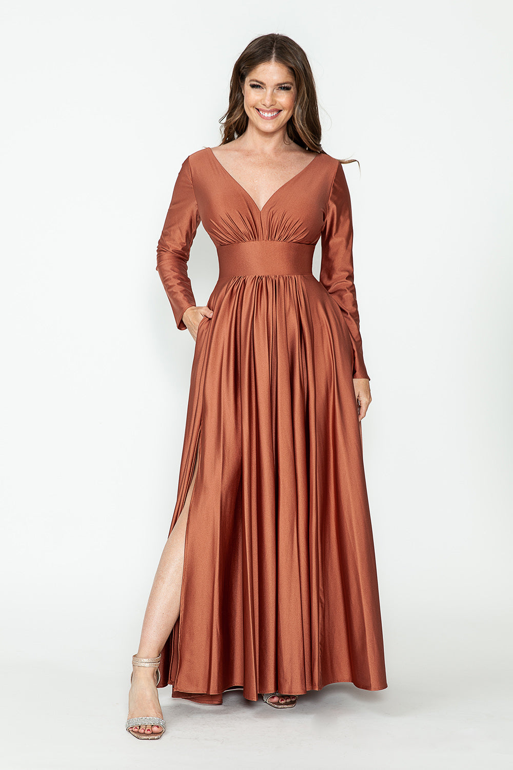 Long Sleeve V-Neck Ruched Pocketed Formal Dress by Lenovia 5231