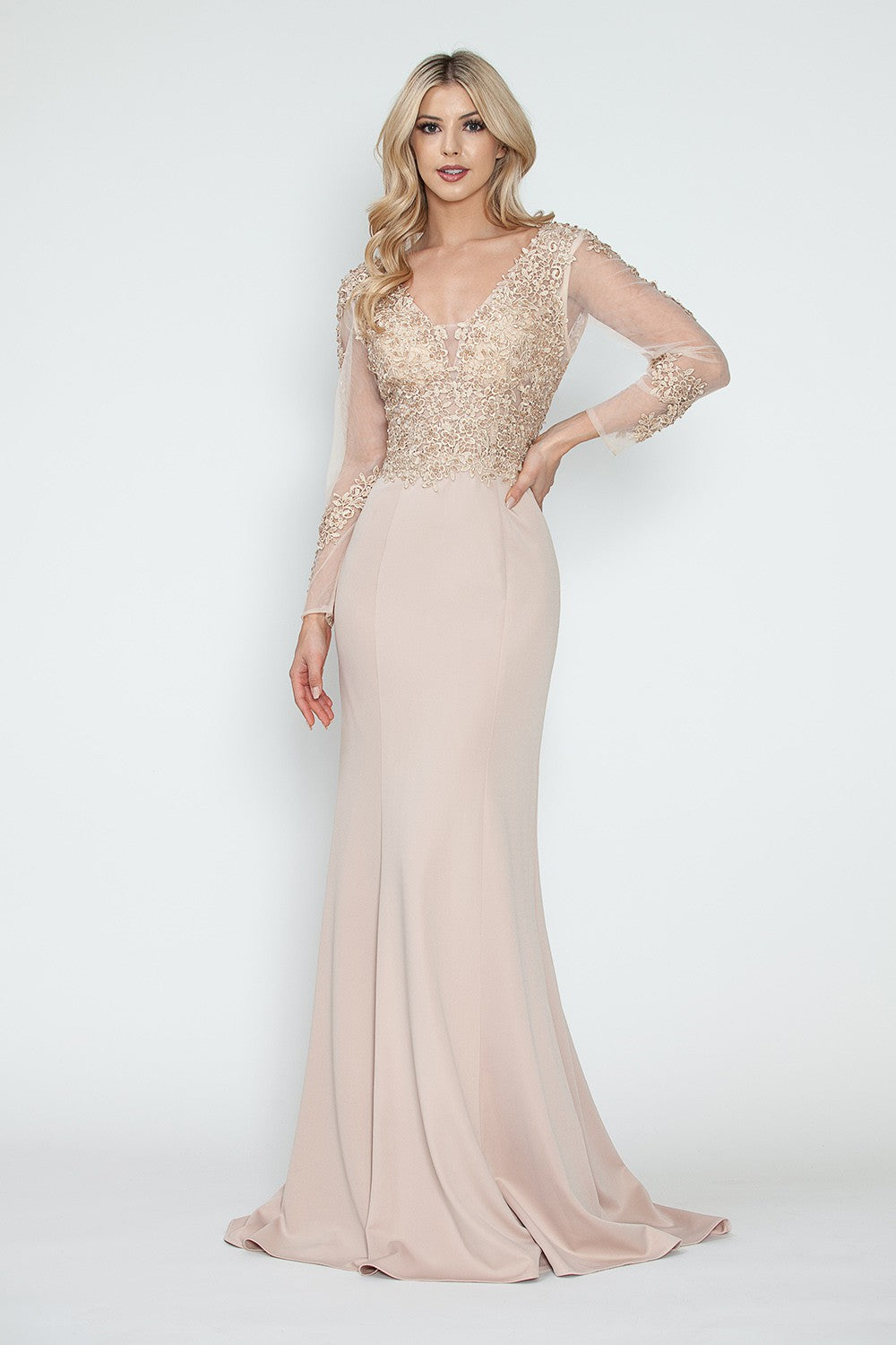 Crystal Bead Embroidery V-Neck Sheer Sleeve Formal Dress by Lenovia 8323-B