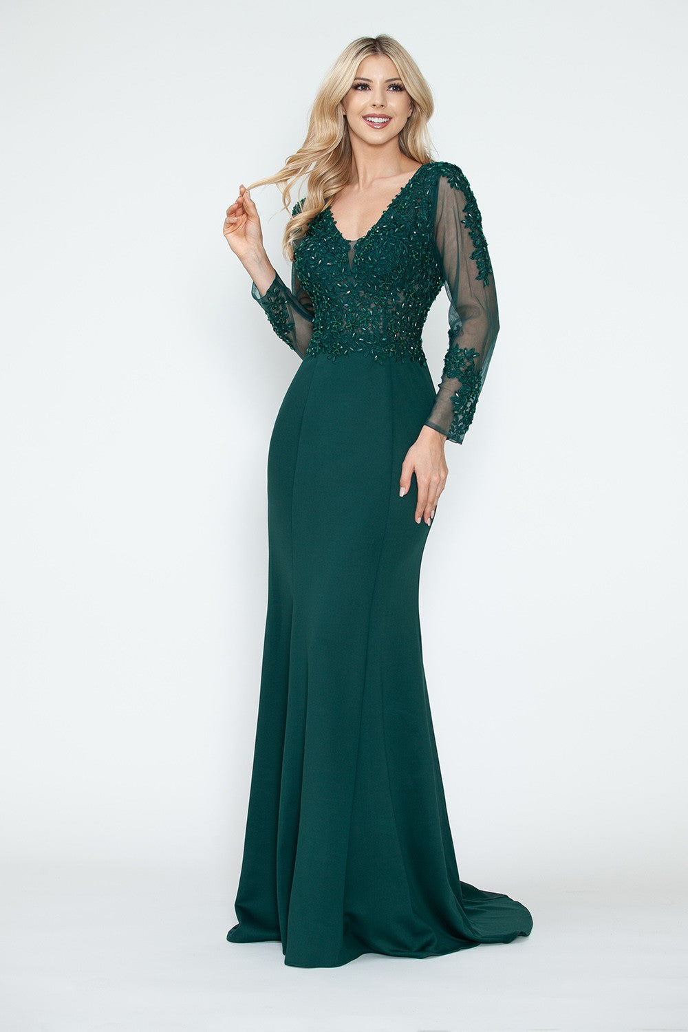 Crystal Bead Embroidery V-Neck Sheer Sleeve Formal Dress by Lenovia 8323-B