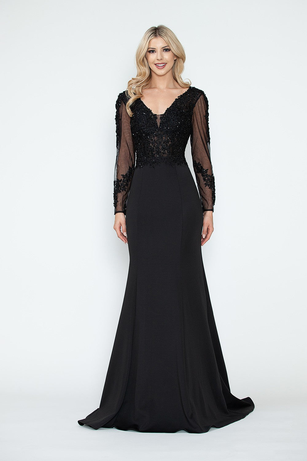 Crystal Bead Embroidery V-Neck Sheer Sleeve Formal Dress by Lenovia 8323-B