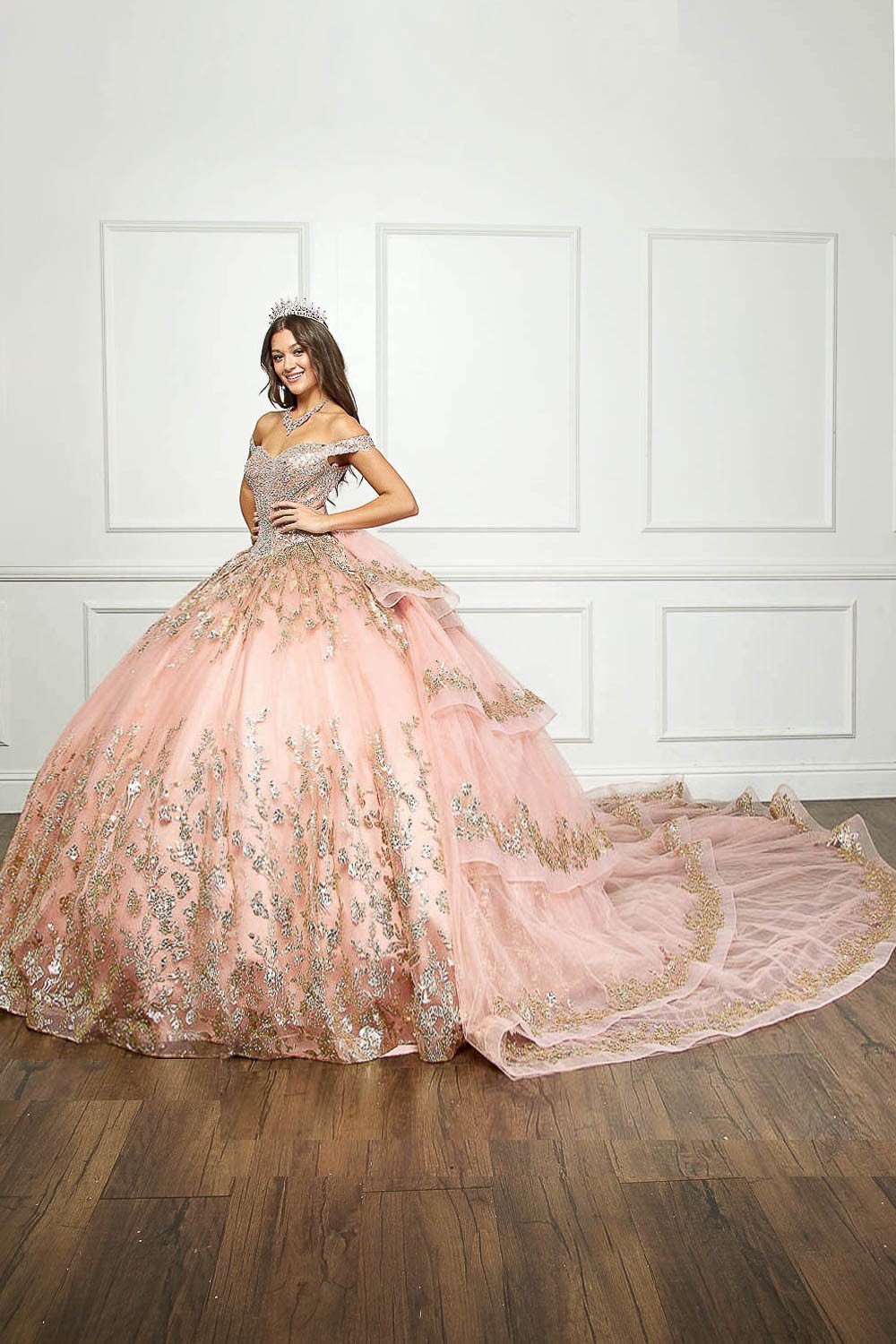 Off Shoulder three-tier Quinceanera ball gown Bella  Princess Couture PQ1041