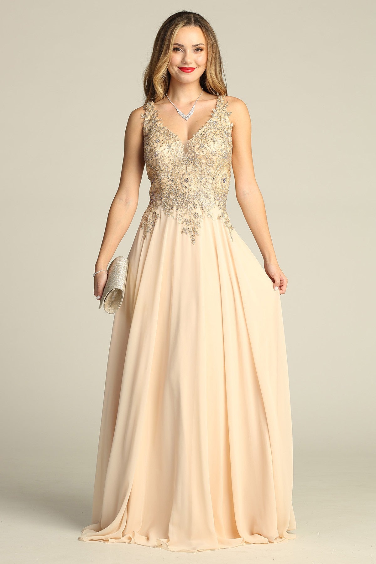 V-Neck Chiffon Evening Dress by Chica DM400669