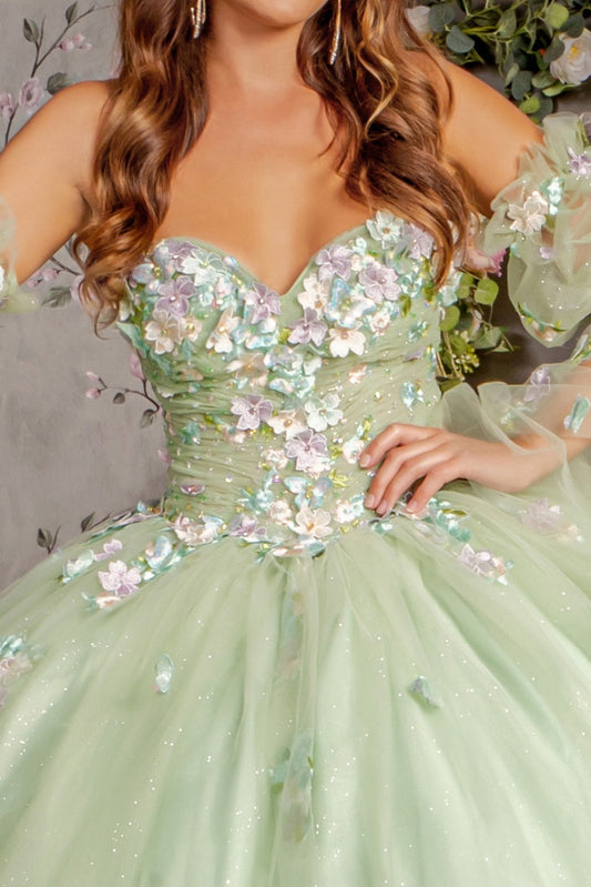 3D Flower Ruched Bodice Mesh Ball Gown by Elizabeth K 3300