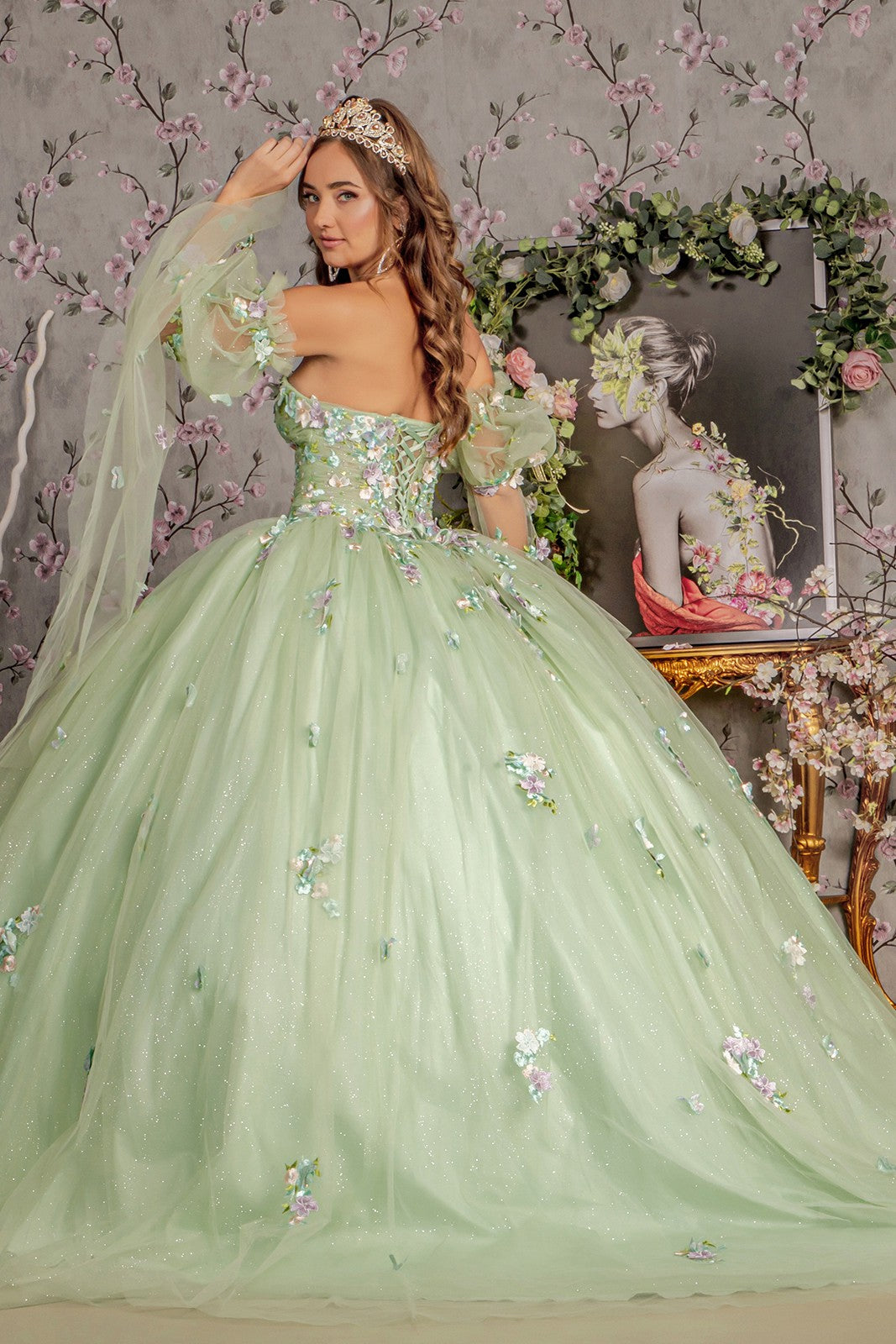 3D Flower Ruched Bodice Mesh Ball Gown by Elizabeth K 3300