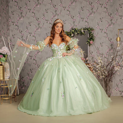 3D Flower Ruched Bodice Mesh Ball Gown by Elizabeth K 3300