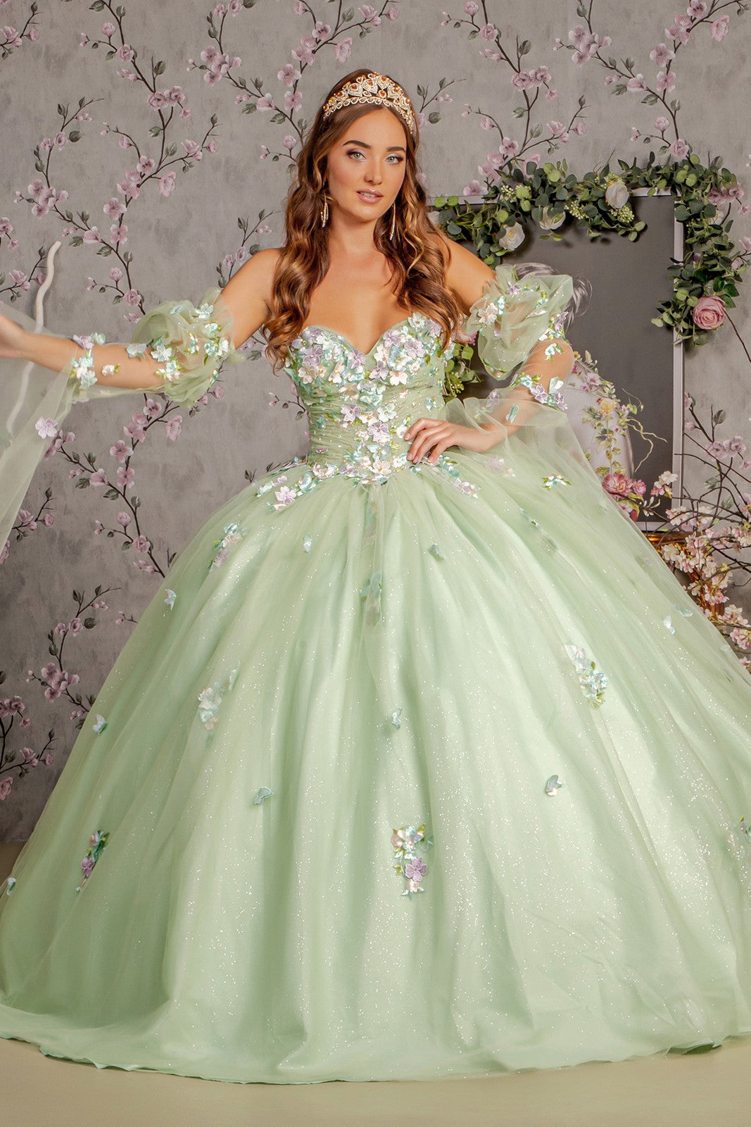 3D Flower Ruched Bodice Mesh Ball Gown by Elizabeth K 3300