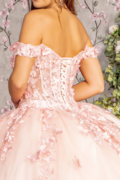 3-D Flower Glitter Bead Sheer Corset Bodice Gown By Elizabeth K 3301