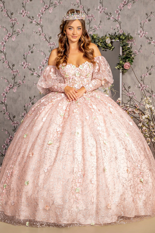 Glitter Mesh Ball Gown w/ Long Puff Sleeves Gown By Elizabeth K GL 3466