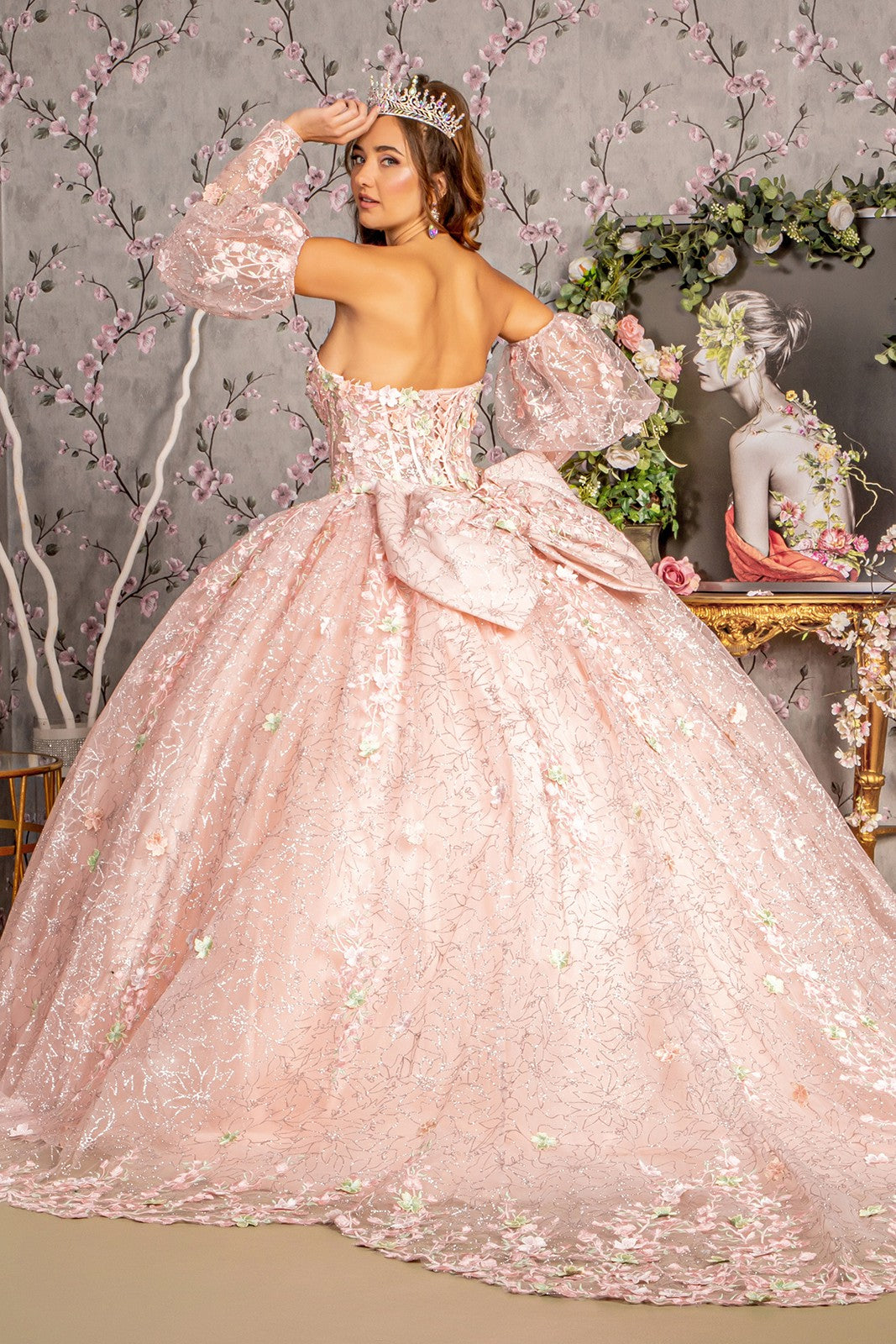 Glitter Mesh Ball Gown w/ Long Puff Sleeves Gown By Elizabeth K GL 3466