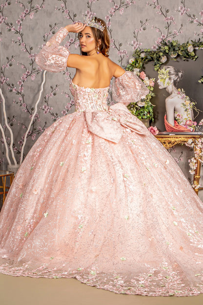 Glitter Mesh Ball Gown w/ Long Puff Sleeves Gown By Elizabeth K GL 3466