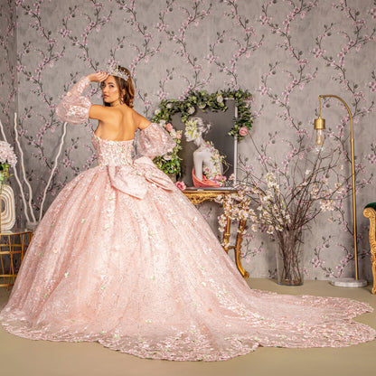 Glitter Mesh Ball Gown w/ Long Puff Sleeves Gown By Elizabeth K GL 3466