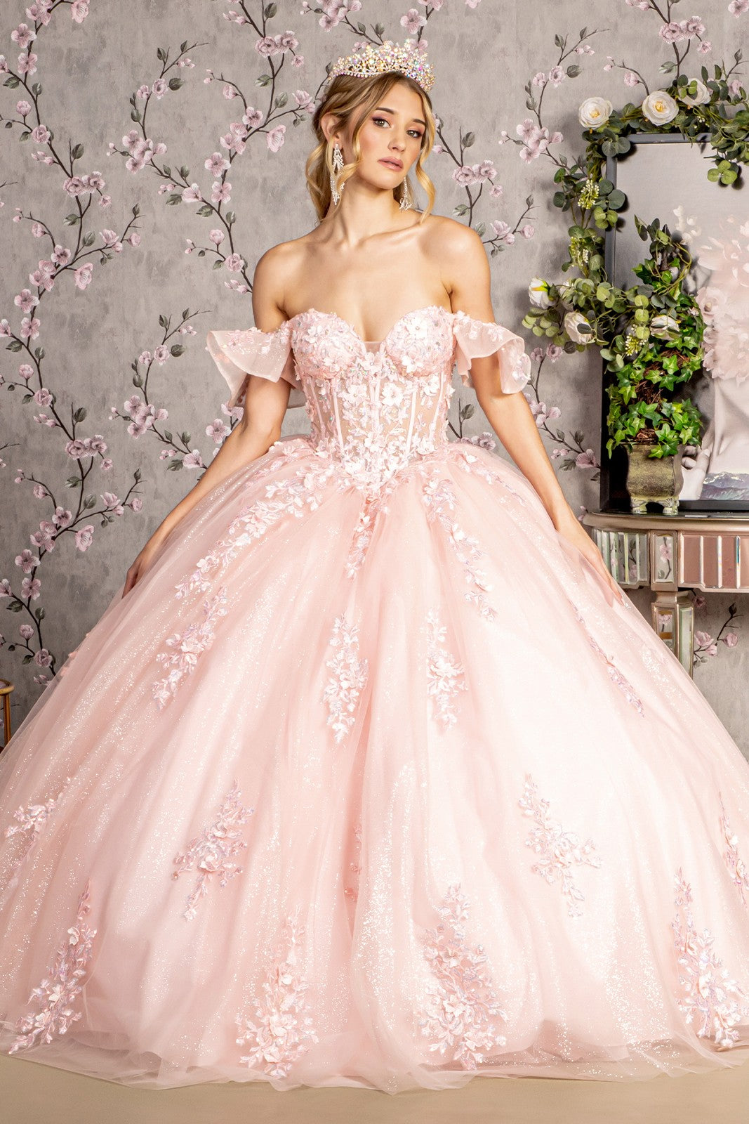 3D Flower Illusion Sweetheart  Mesh Ball Gown By Elizabeth K GL 3475