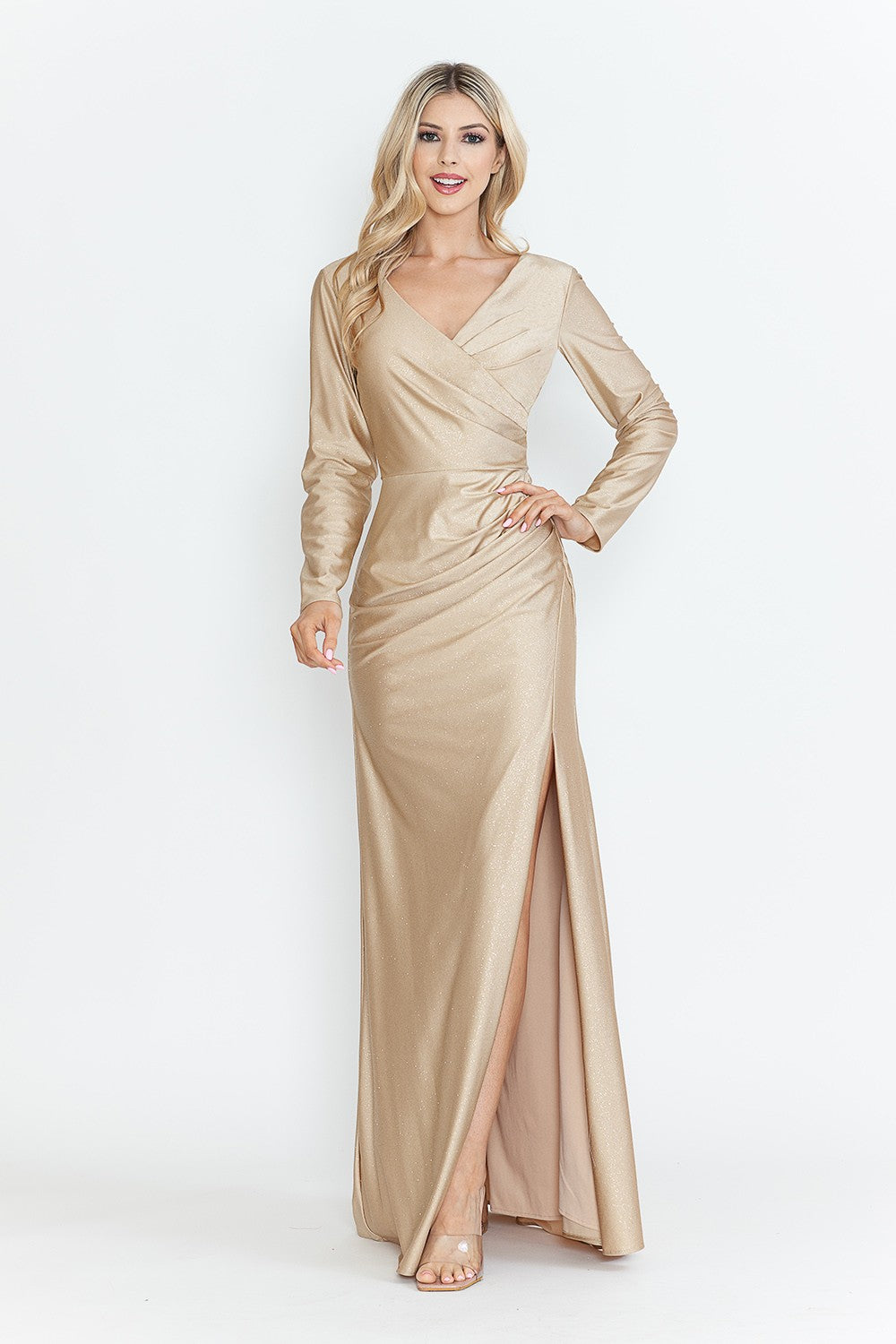 Long Sleeve Glitter Ruched Formal Dress by Lenovia 5323