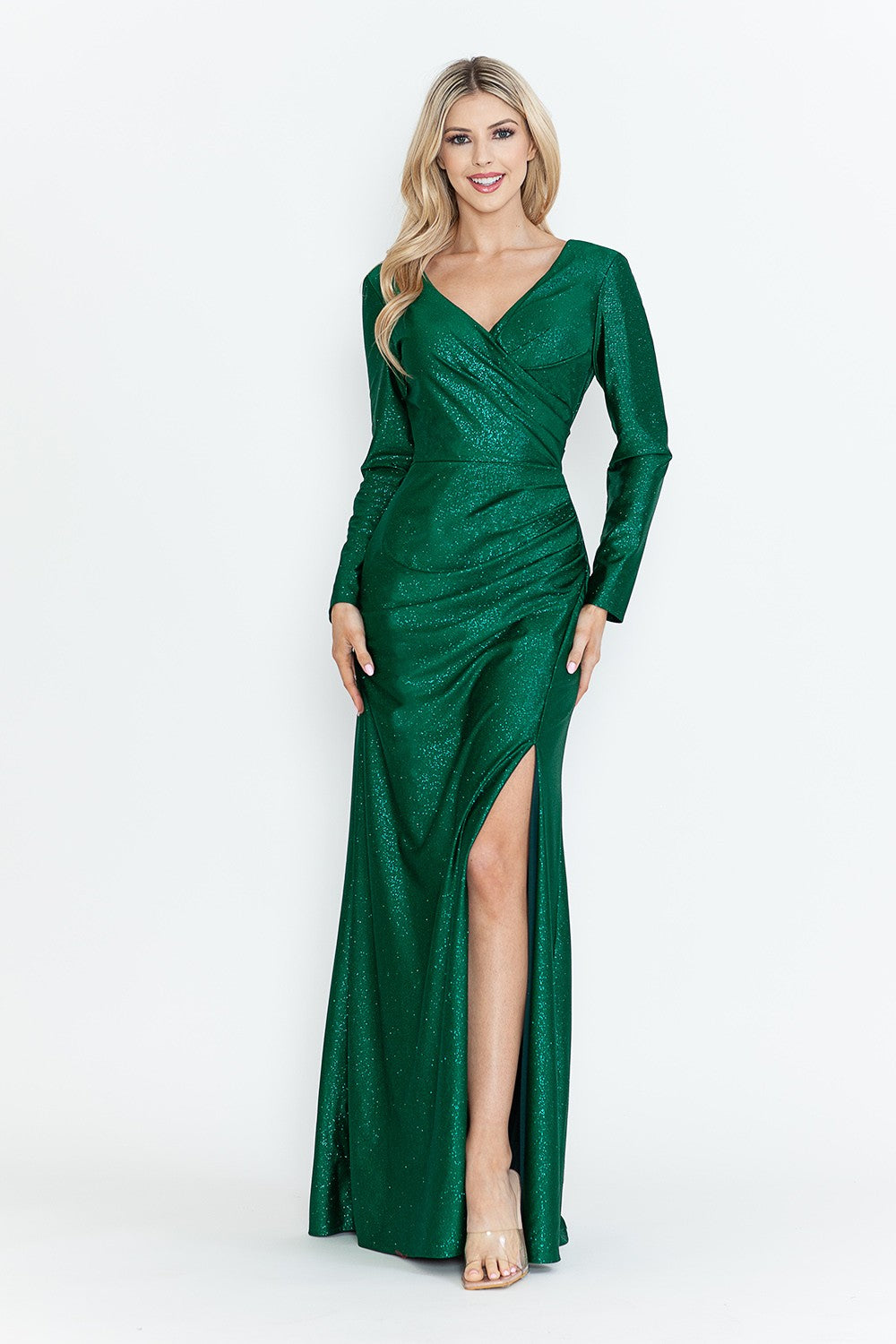 Long Sleeve Glitter Ruched Formal Dress by Lenovia 5323