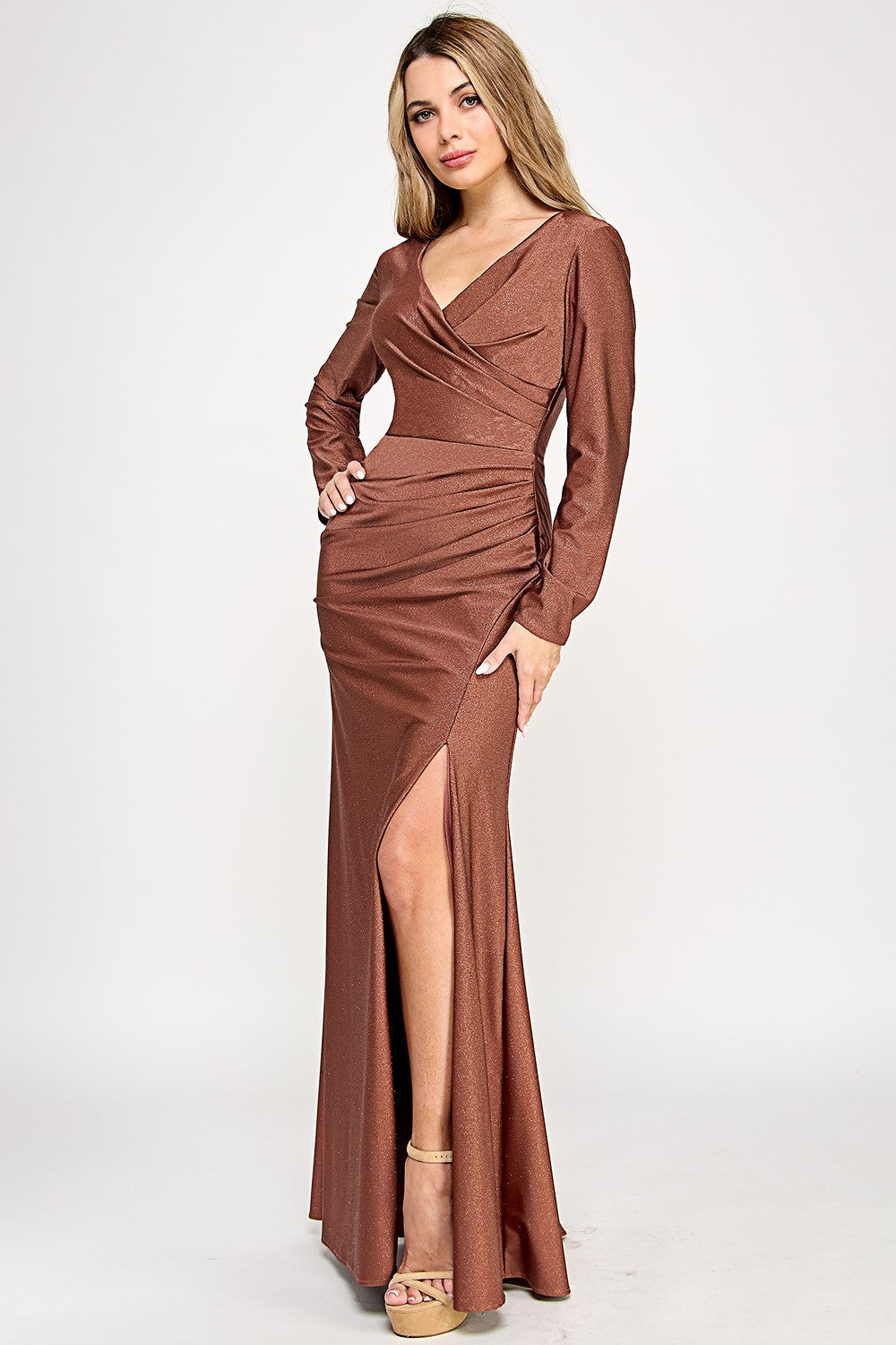 Long Sleeve Glitter Ruched Formal Dress by Lenovia 5323