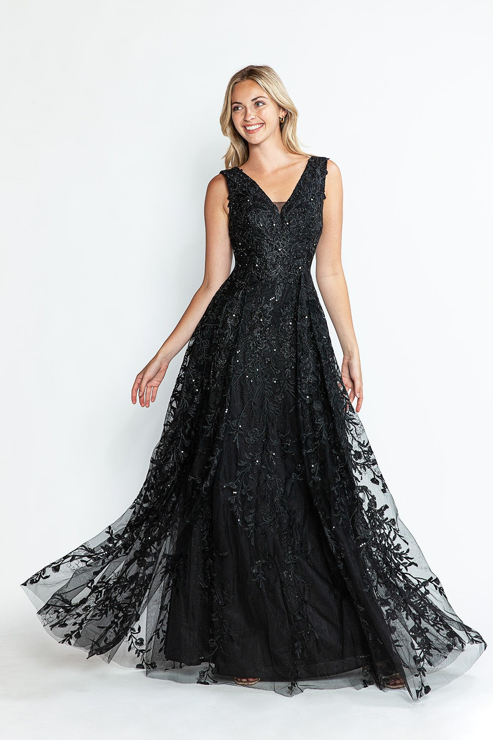 Embroidered Layered V-Neck Formal Dress by Lenovia 8337