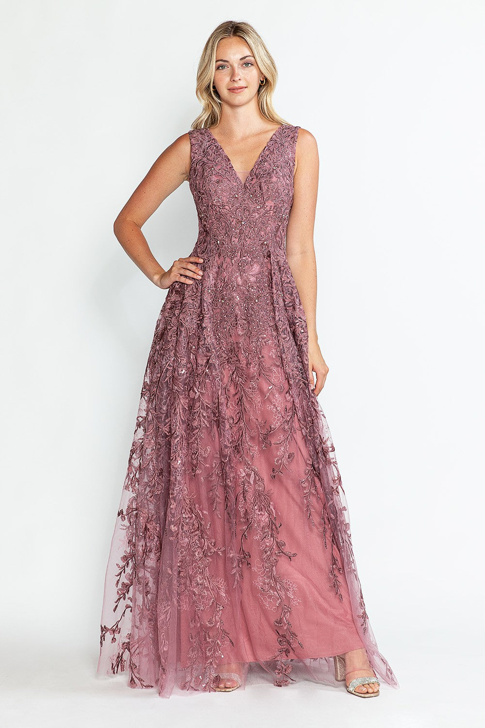 Embroidered Layered V-Neck Formal Dress by Lenovia 8337