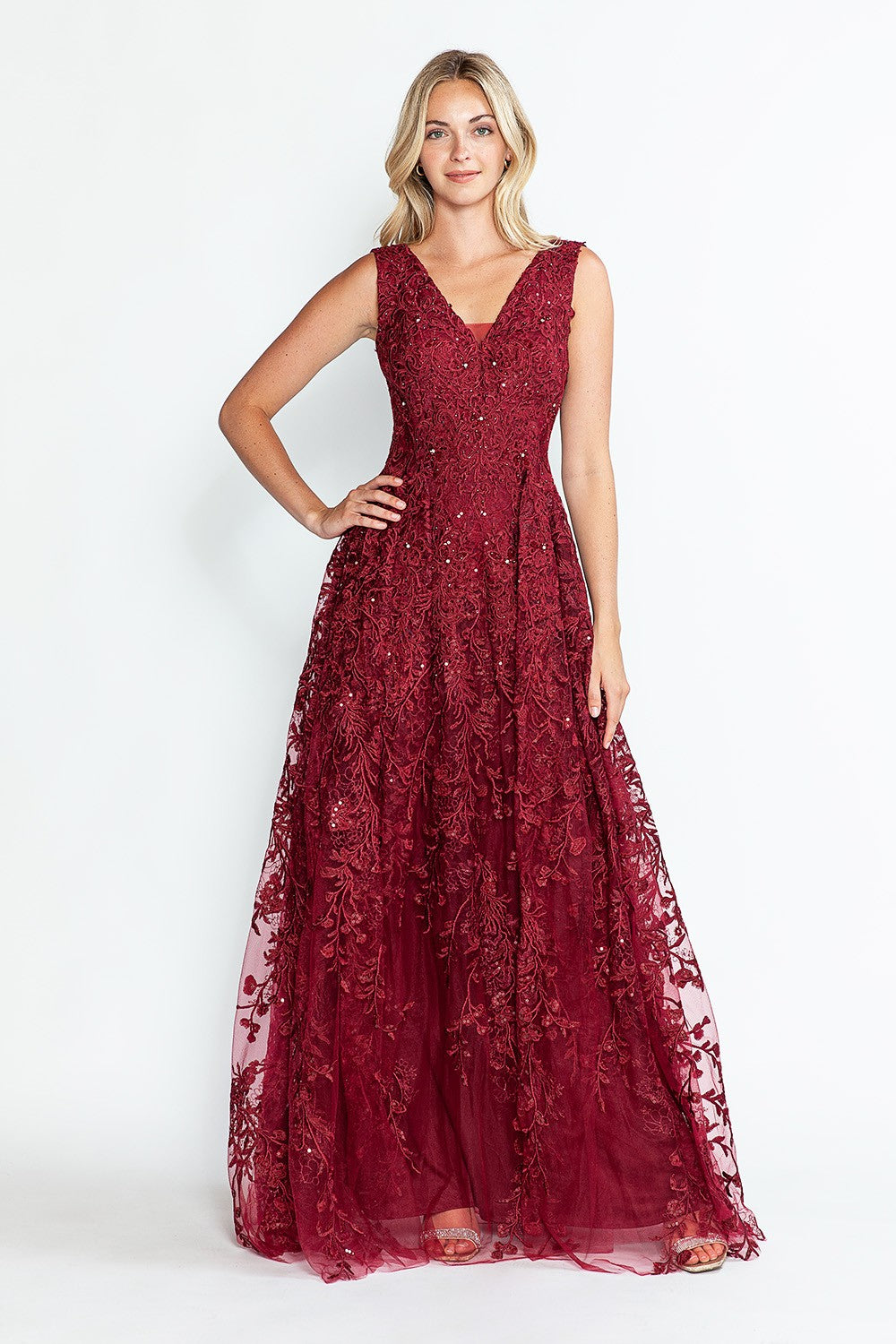 Embroidered Layered V-Neck Formal Dress by Lenovia 8337