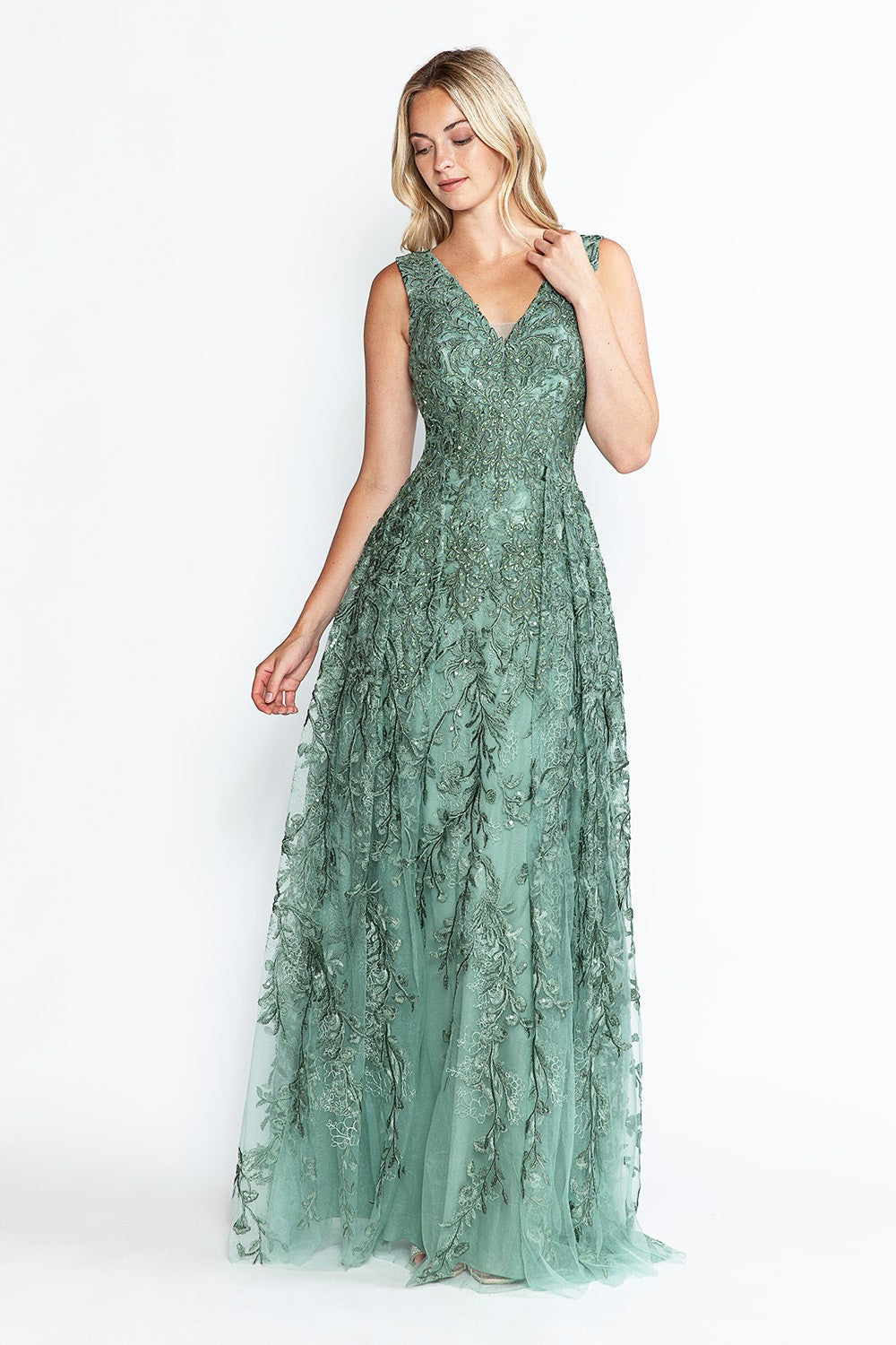 Embroidered Layered V-Neck Formal Dress by Lenovia 8337