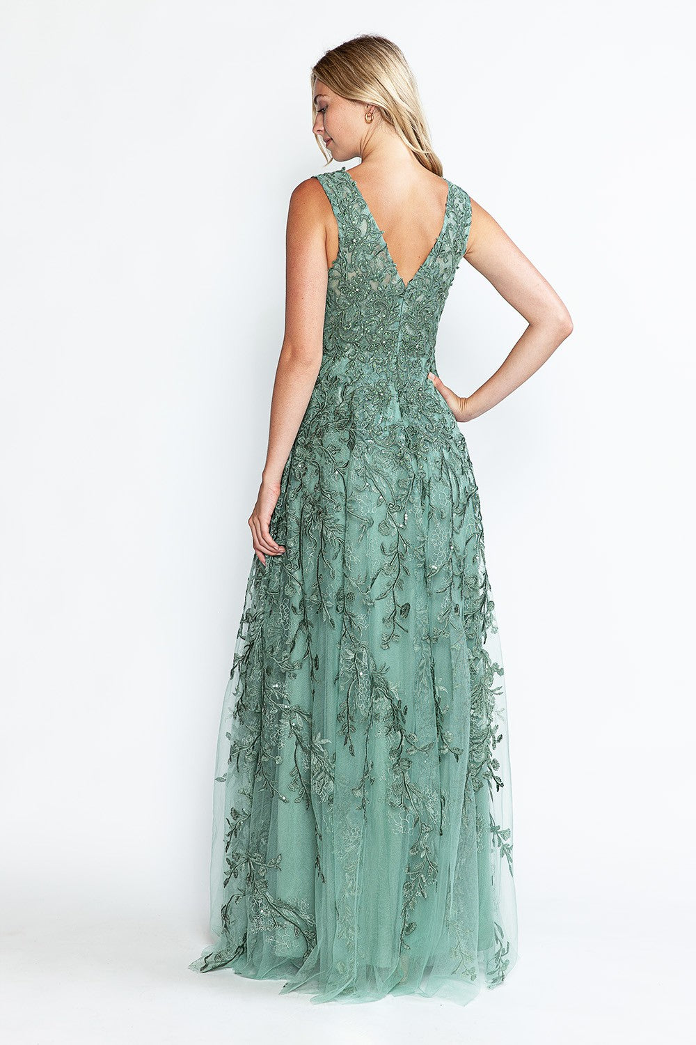 Embroidered Layered V-Neck Formal Dress by Lenovia 8337