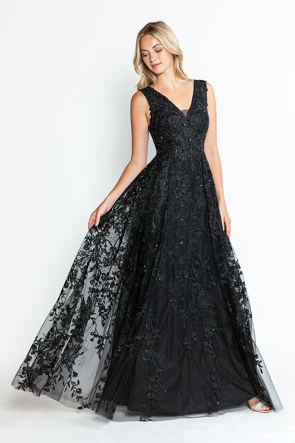 Embroidered Layered V-Neck Formal Dress by Lenovia 8337