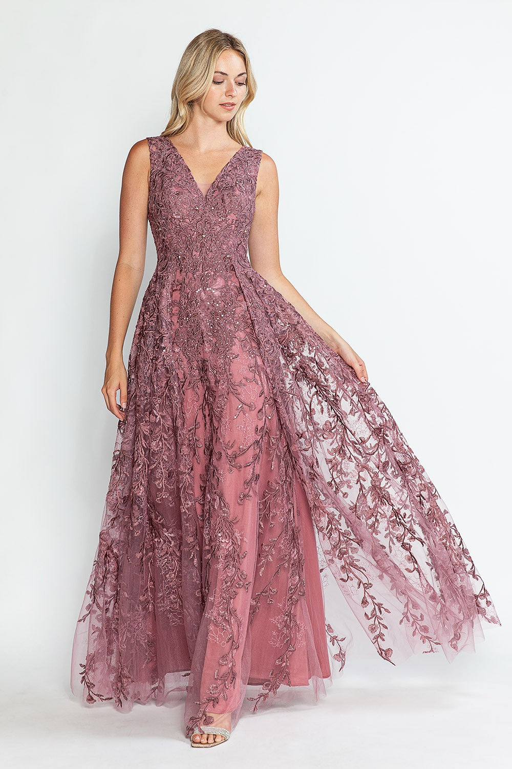 Embroidered Layered V-Neck Formal Dress by Lenovia 8337