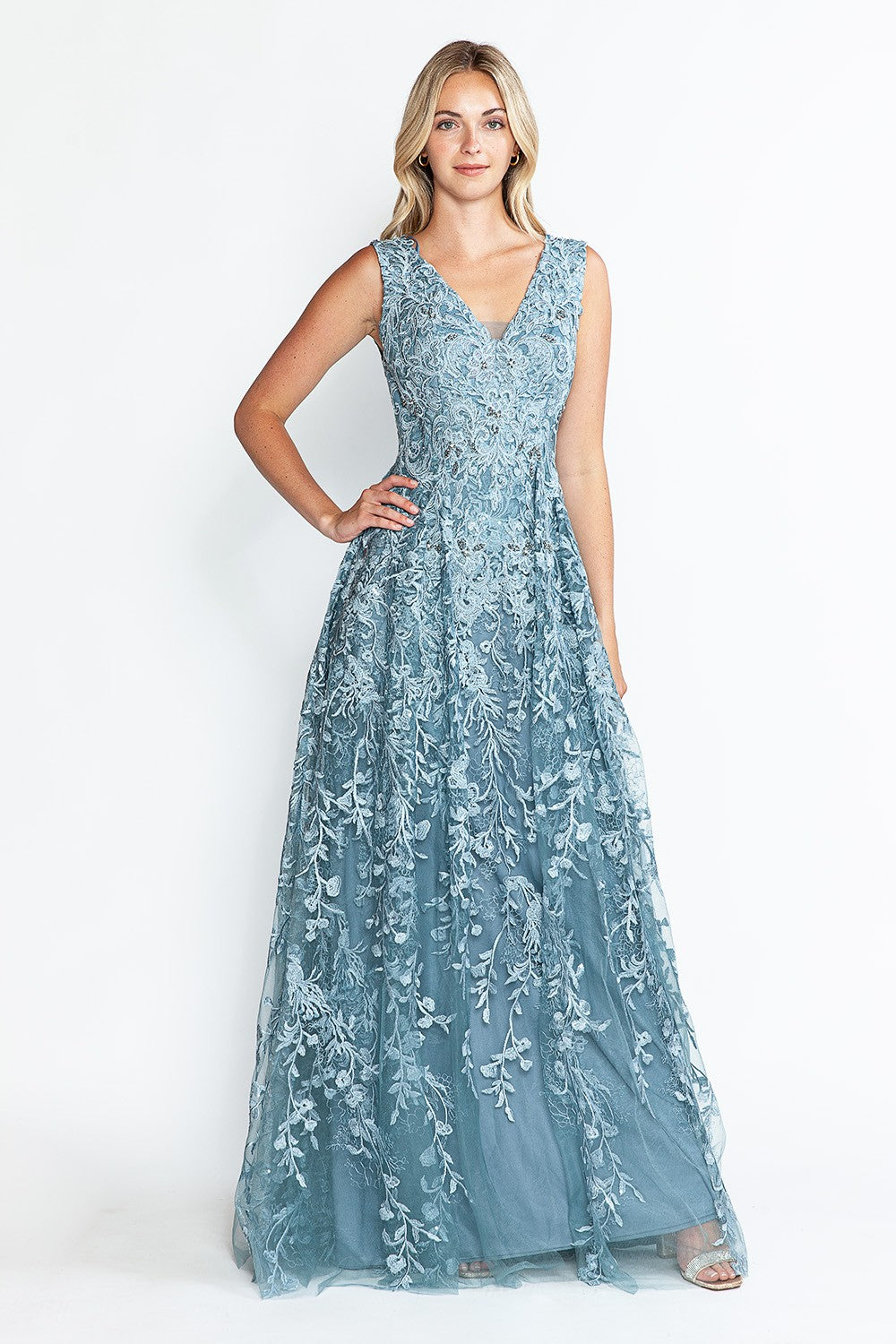 Embroidered Layered V-Neck Formal Dress by Lenovia 8337