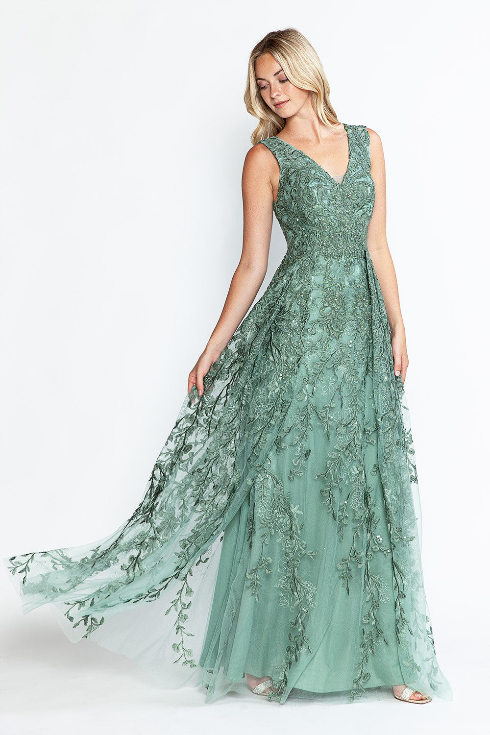 Embroidered Layered V-Neck Formal Dress by Lenovia 8337