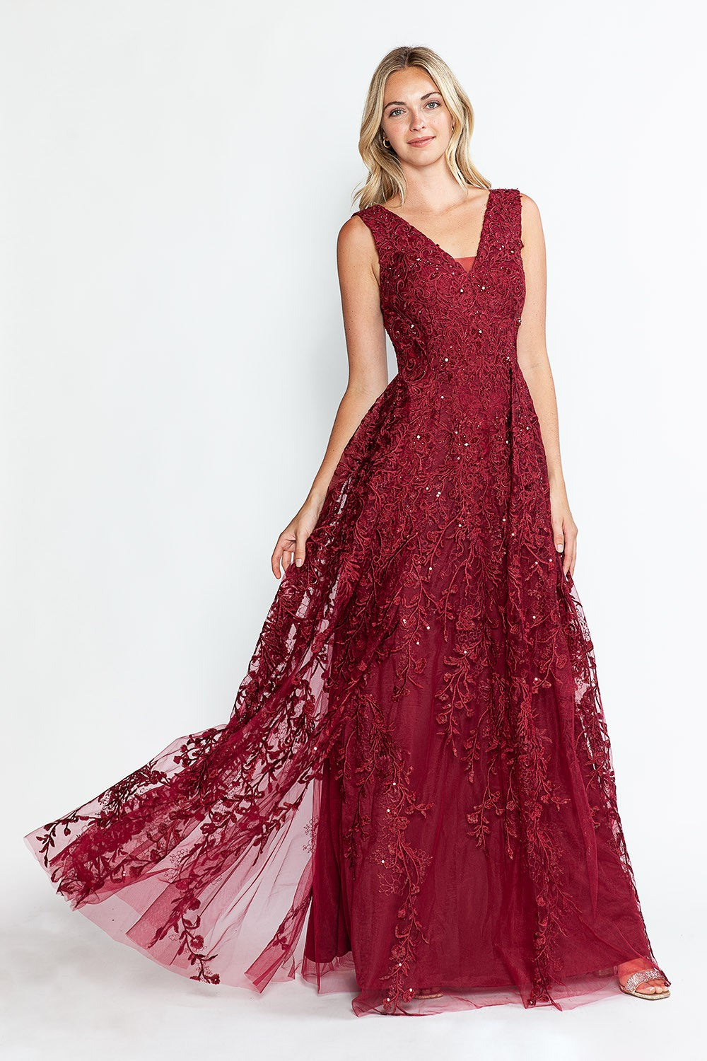 Embroidered Layered V-Neck Formal Dress by Lenovia 8337