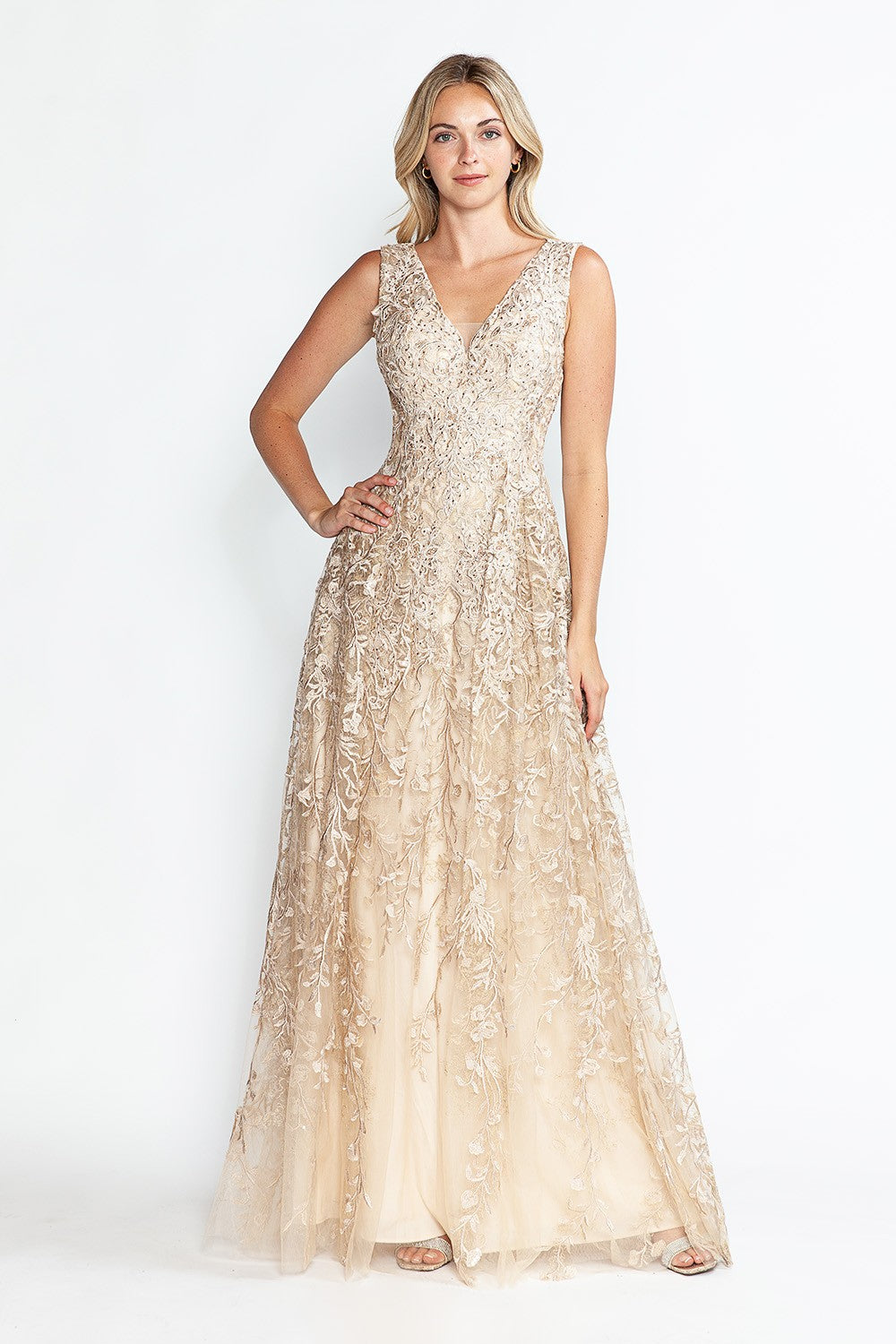 Embroidered Layered V-Neck Formal Dress by Lenovia 8337