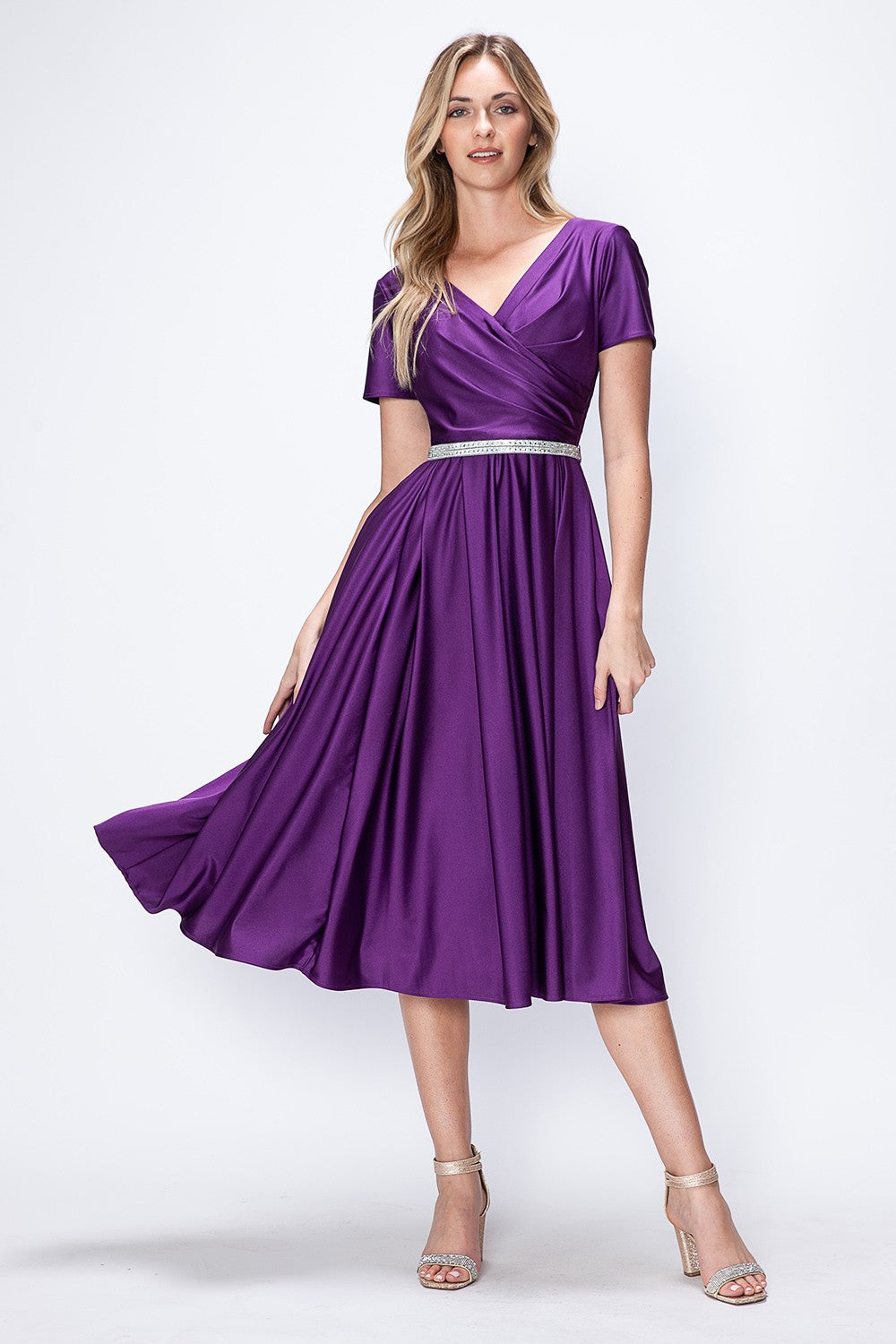 Short Sleeve Pocketed Tea-Length Dress by Lenovia 5274