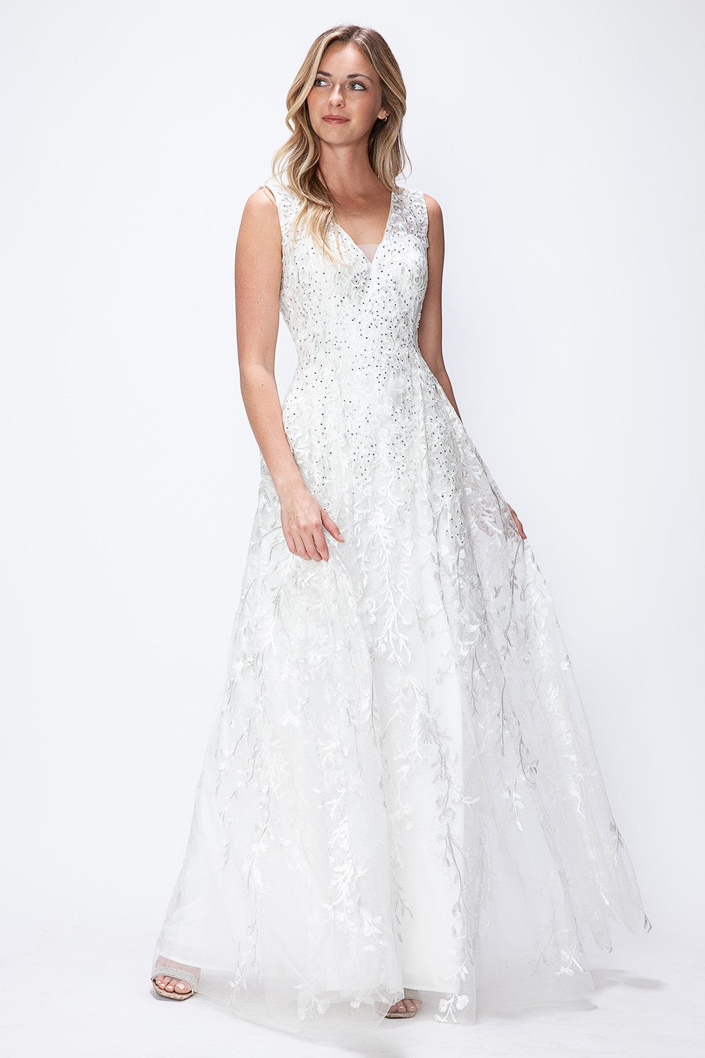 Embroidered Layered V-Neck Formal Dress by Lenovia 8337