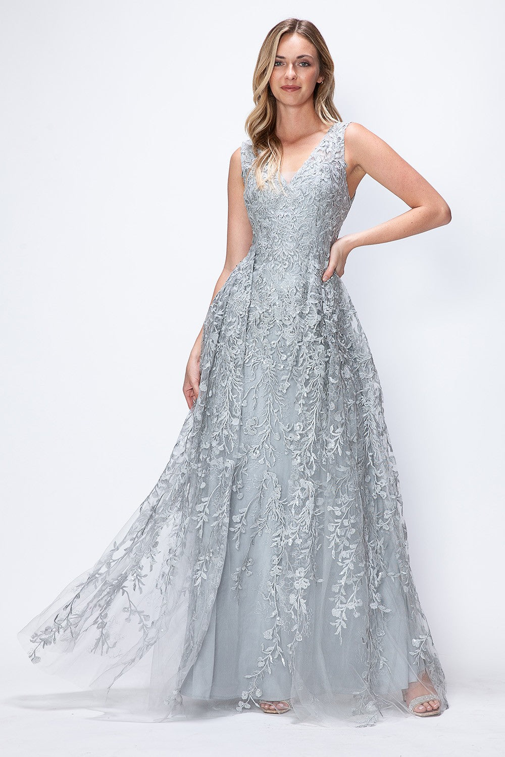 Embroidered Layered V-Neck Formal Dress by Lenovia 8337