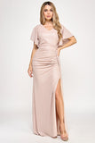 Lenovia 5329 drape sleeve ruched foil long mother of the bride gown with empire waist · www.snkdress.com
