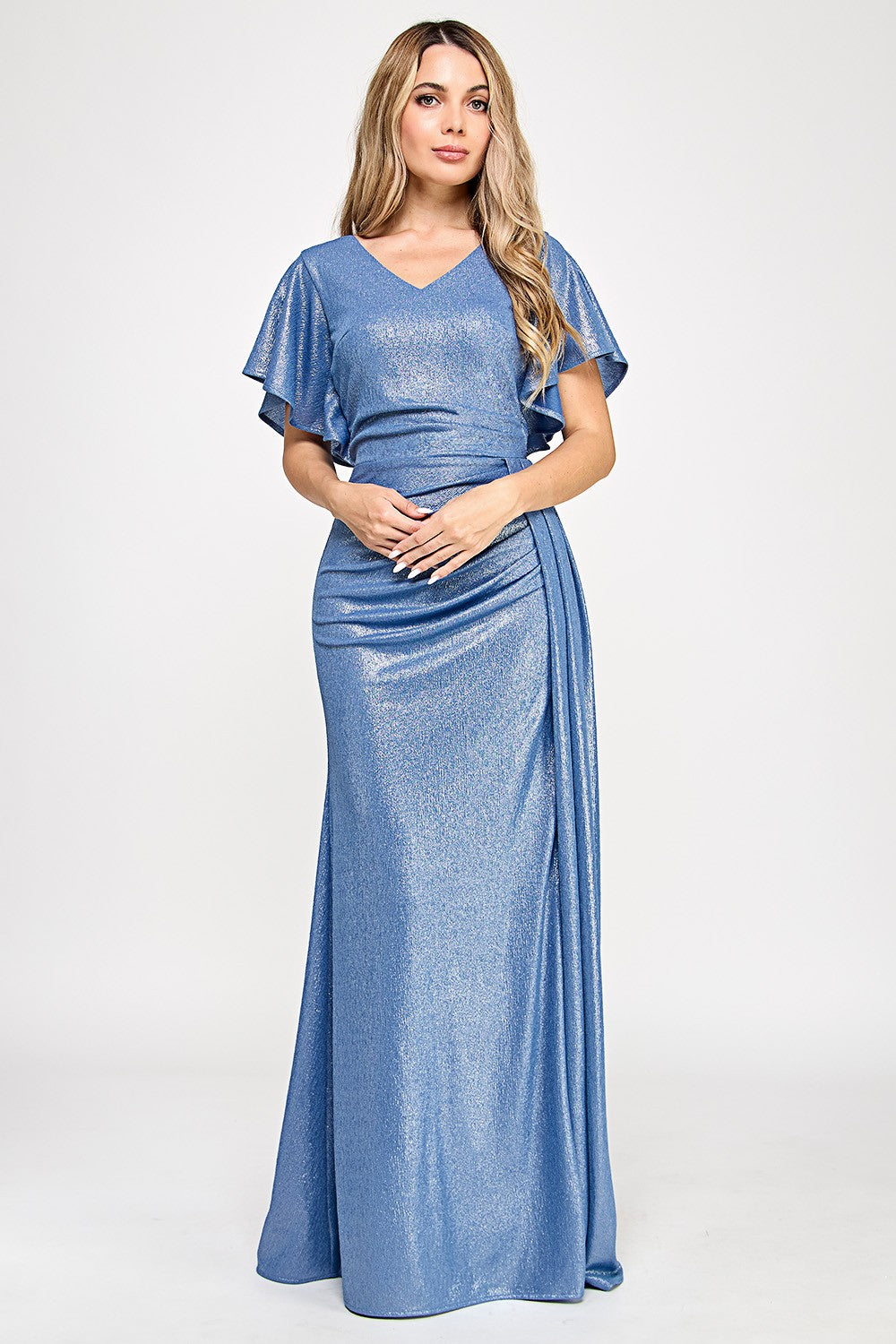 Drape Sleeve Ruched Foil Formal Dress by Lenovia 5329