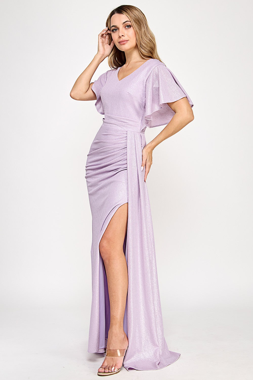 Drape Sleeve Ruched Foil Formal Dress by Lenovia 5329