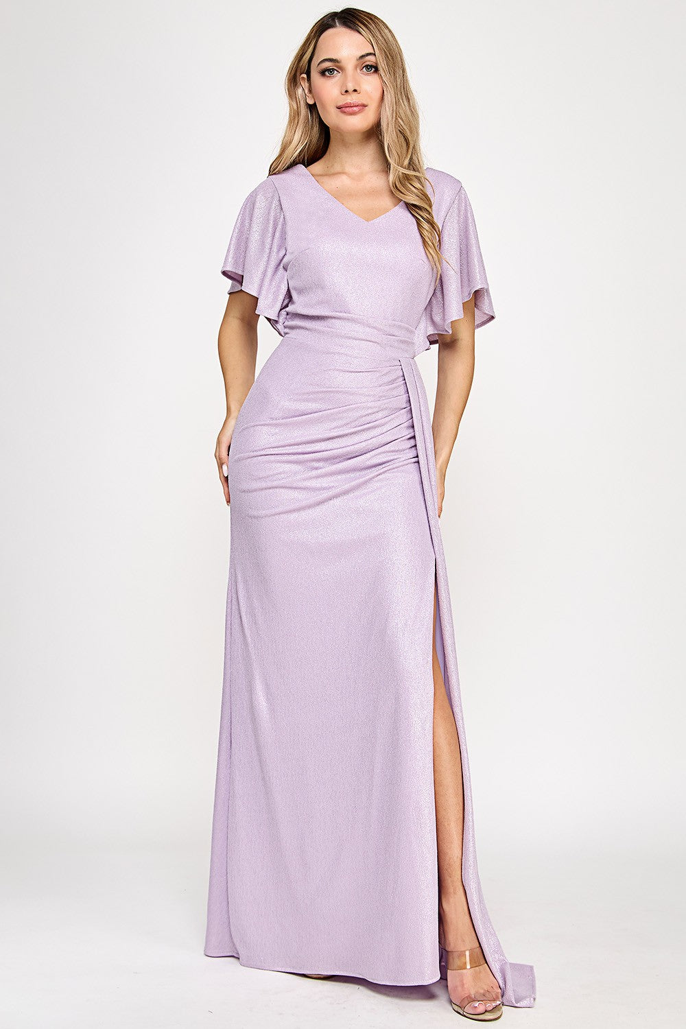 Drape Sleeve Ruched Foil Formal Dress by Lenovia 5329