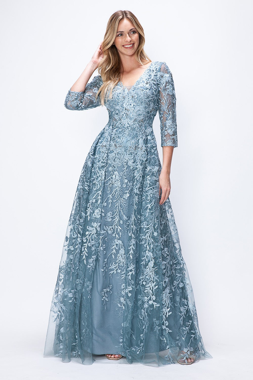 Embroidered Layered V-Neck Formal Dress by Lenovia 8356