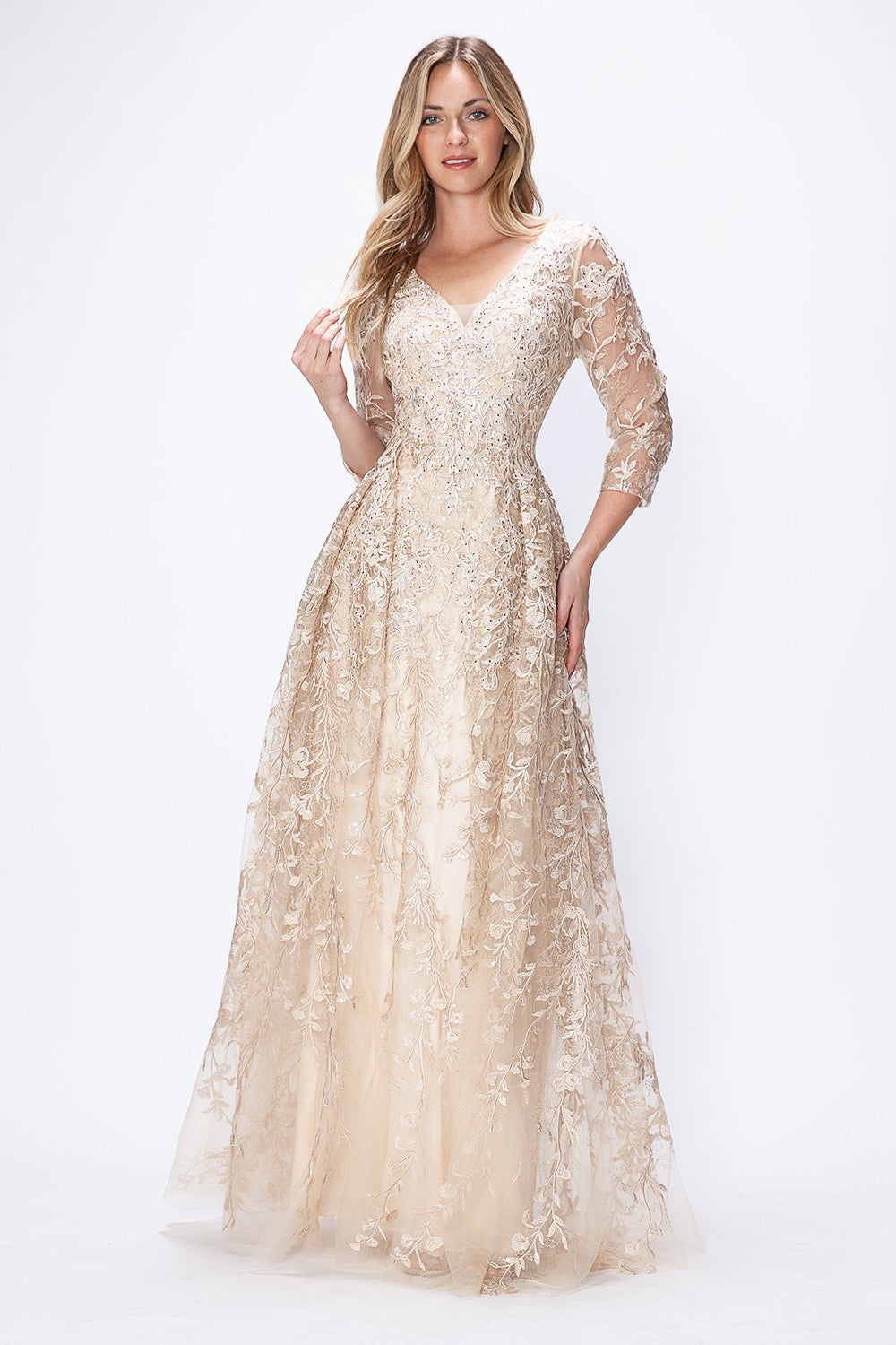 Embroidered Layered V-Neck Formal Dress by Lenovia 8356