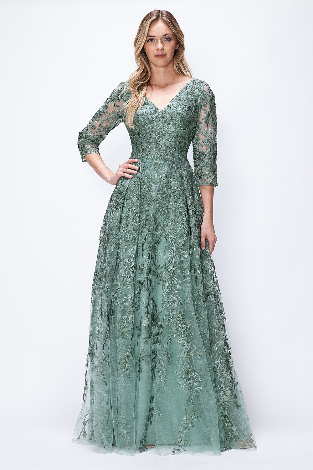 Embroidered Layered V-Neck Formal Dress by Lenovia 8356