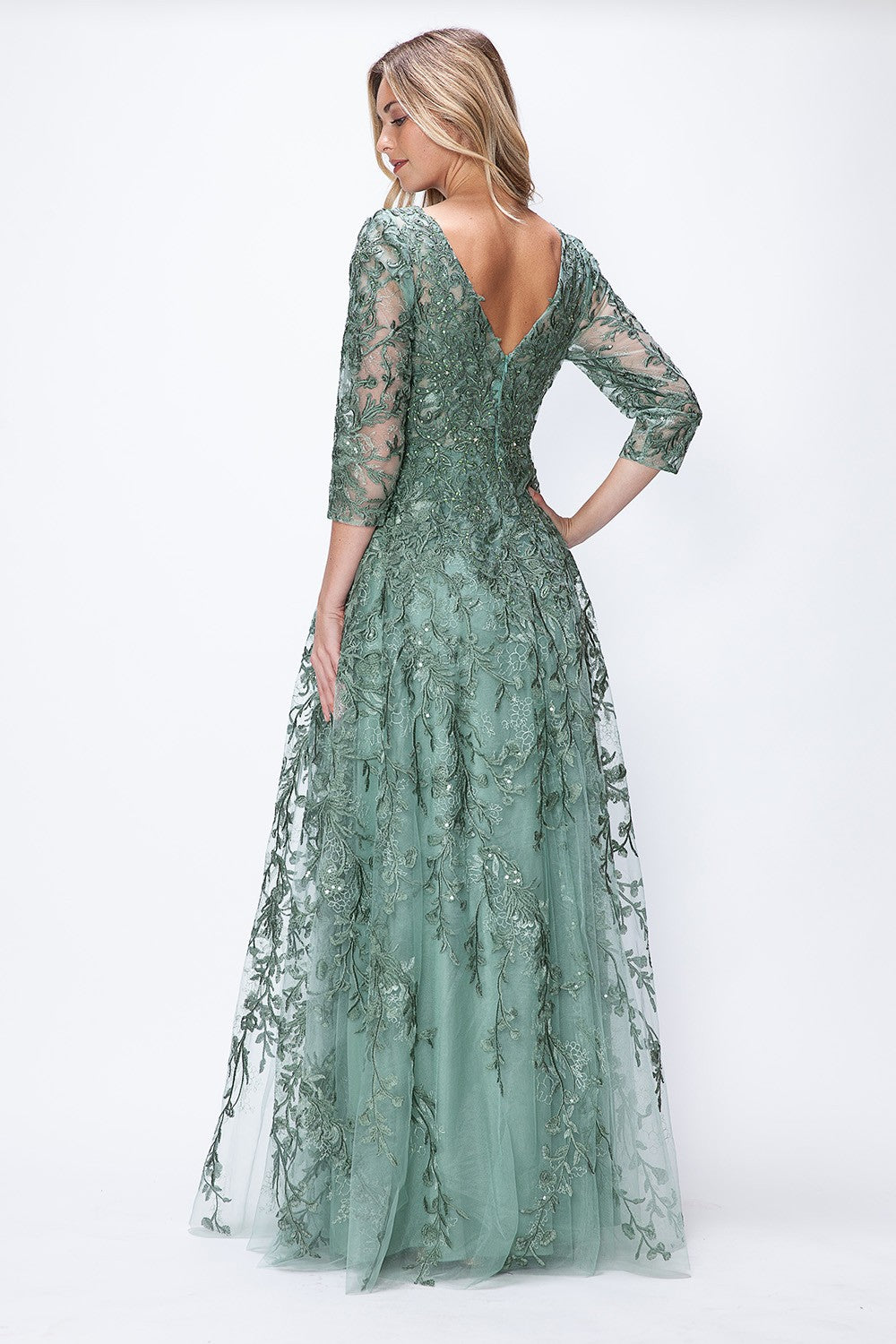 Embroidered Layered V-Neck Formal Dress by Lenovia 8356