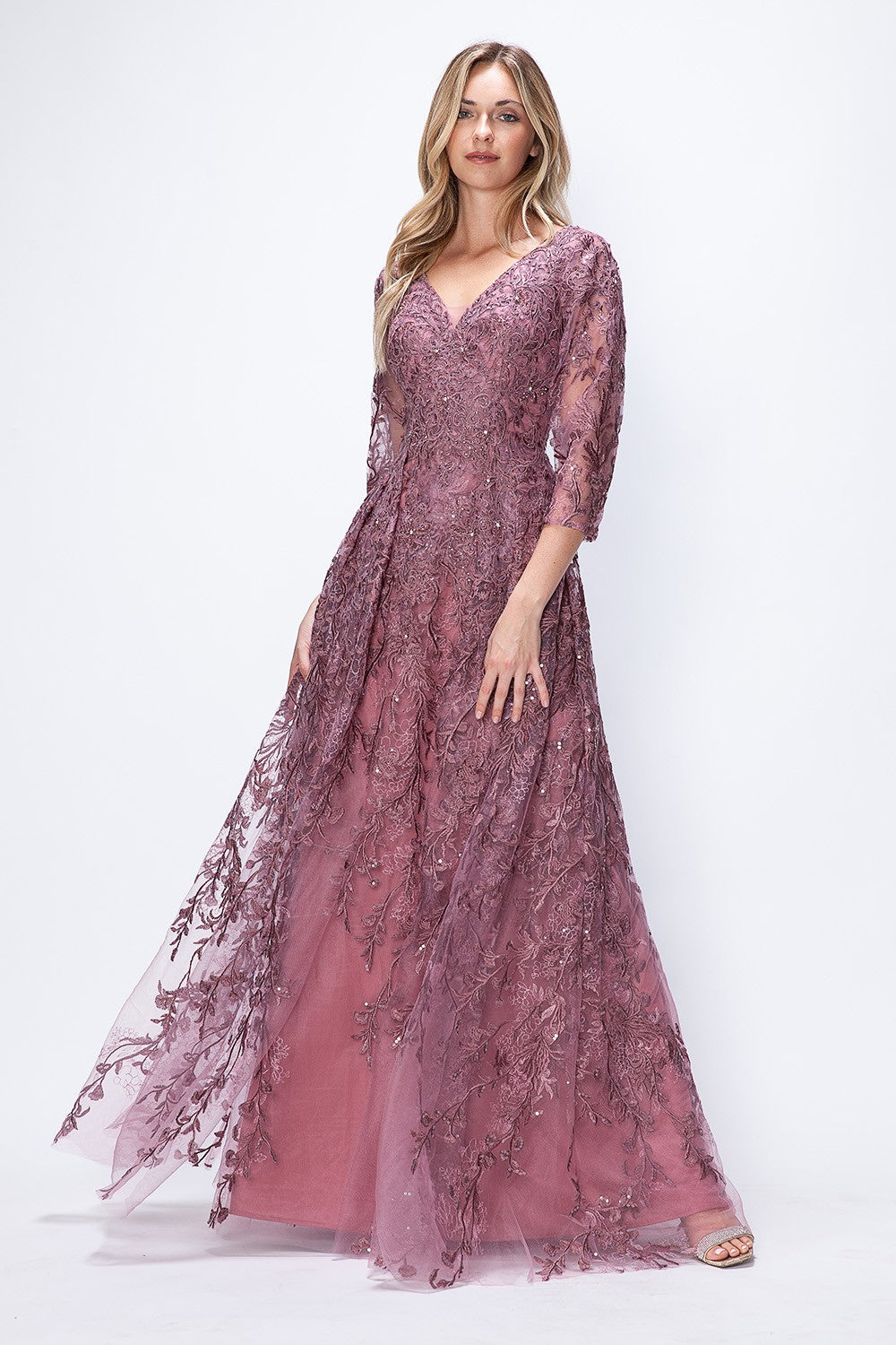 Embroidered Layered V-Neck Formal Dress by Lenovia 8356