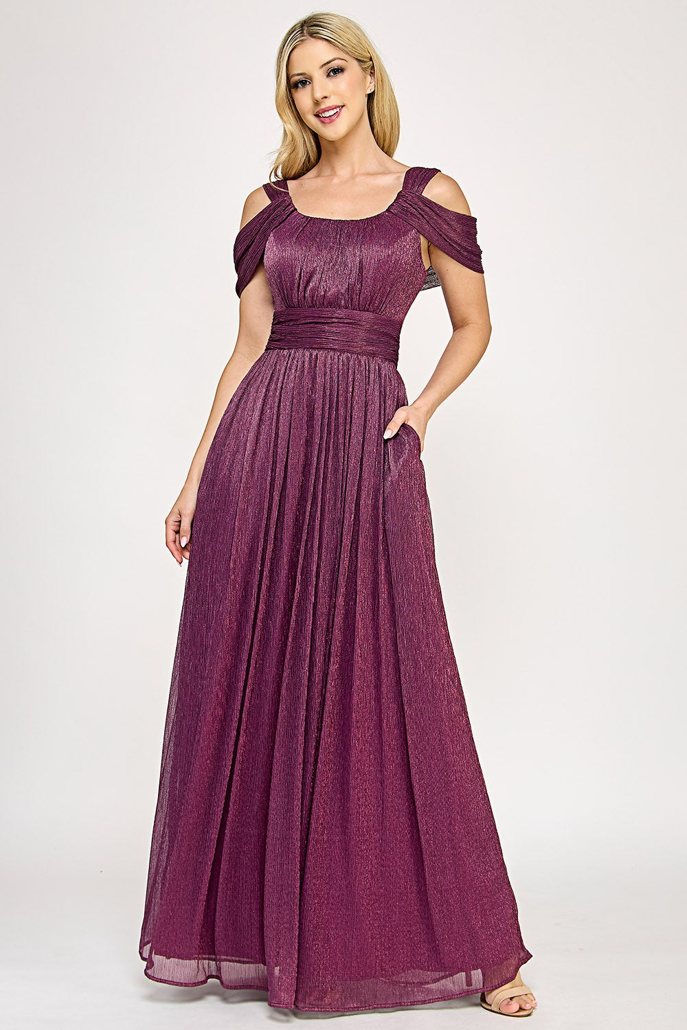 Ruched Off-Shoulder Foil Formal Dress by Lenovia 5327