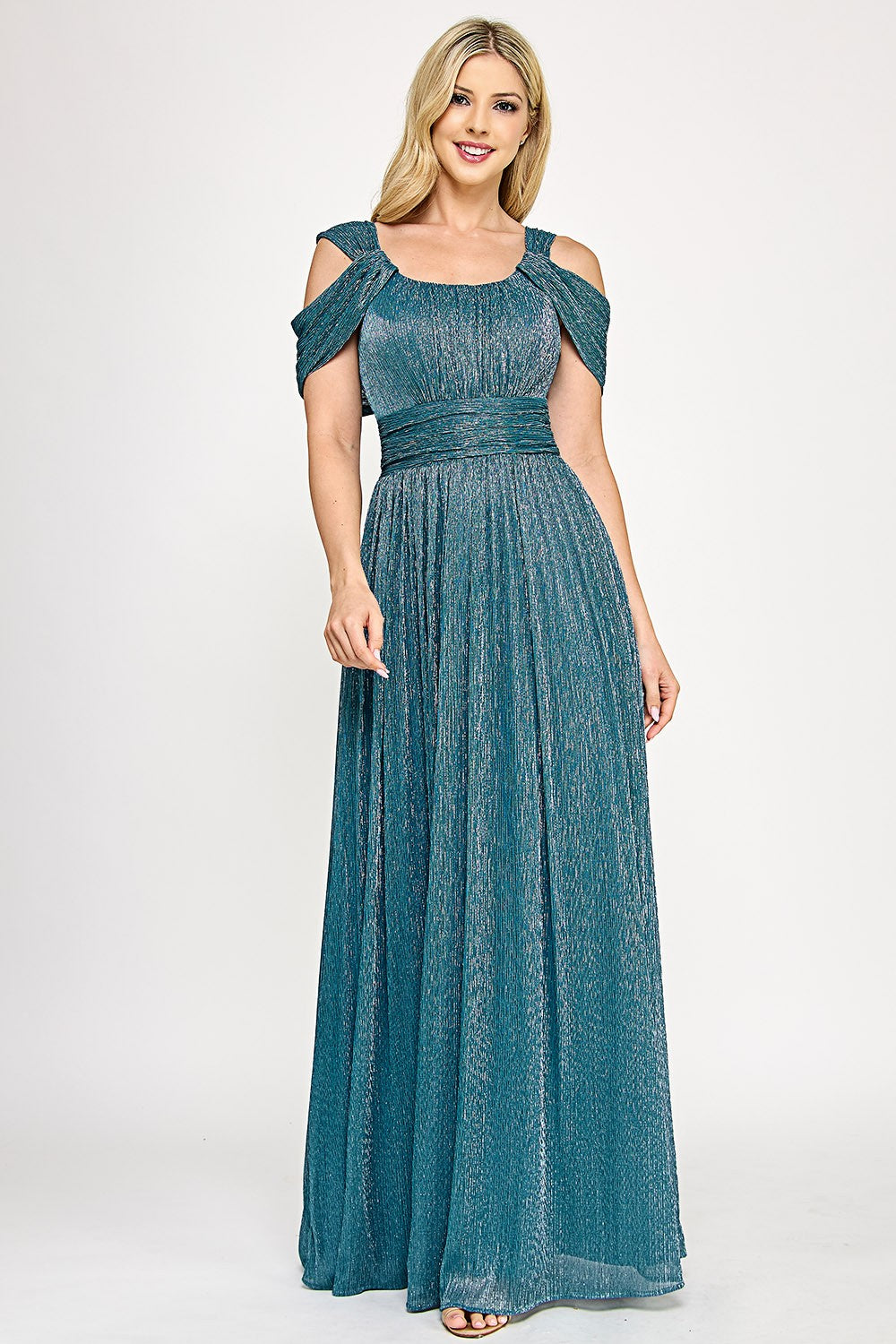 Ruched Off-Shoulder Foil Formal Dress by Lenovia 5327