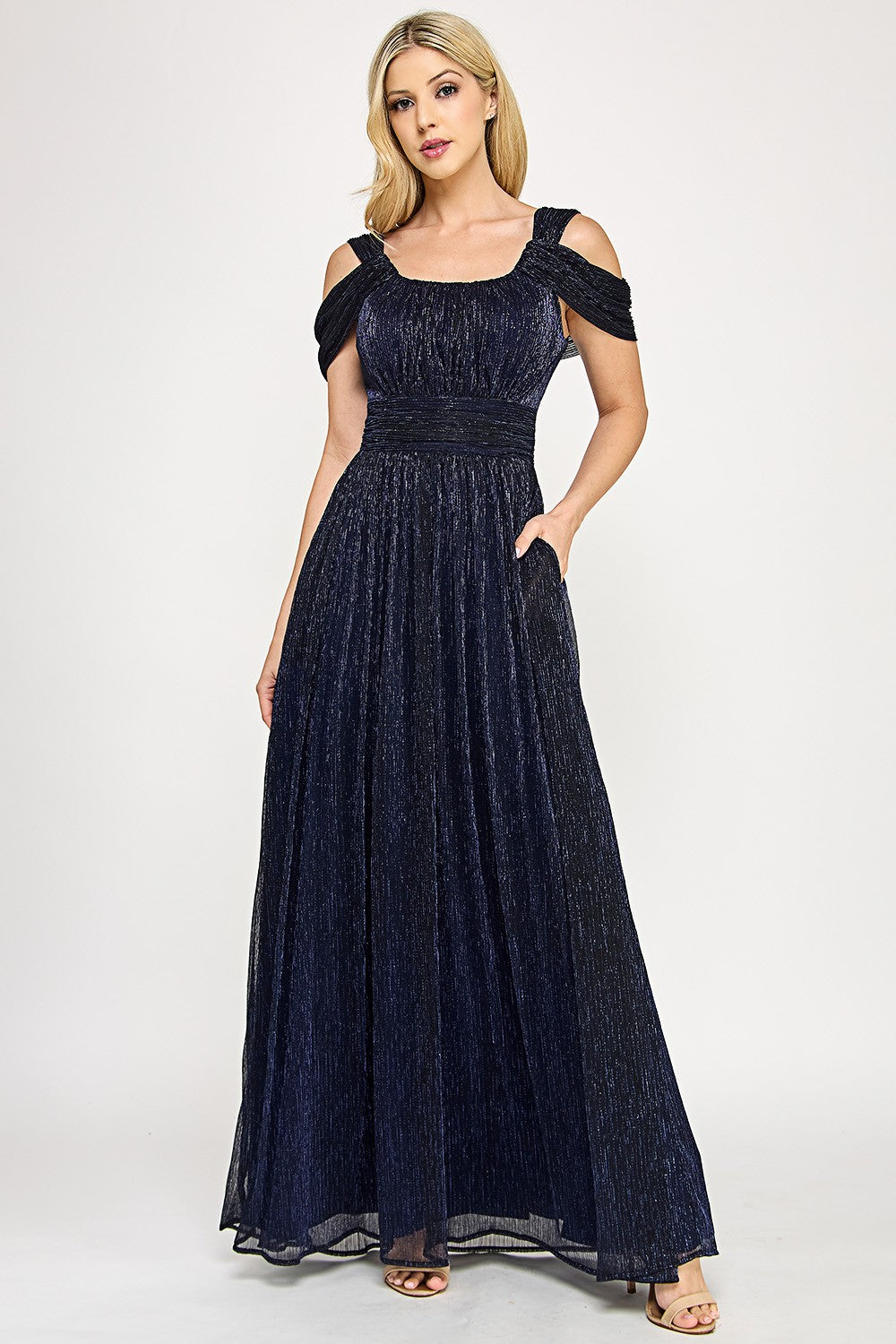 Ruched Off-Shoulder Foil Formal Dress by Lenovia 5327